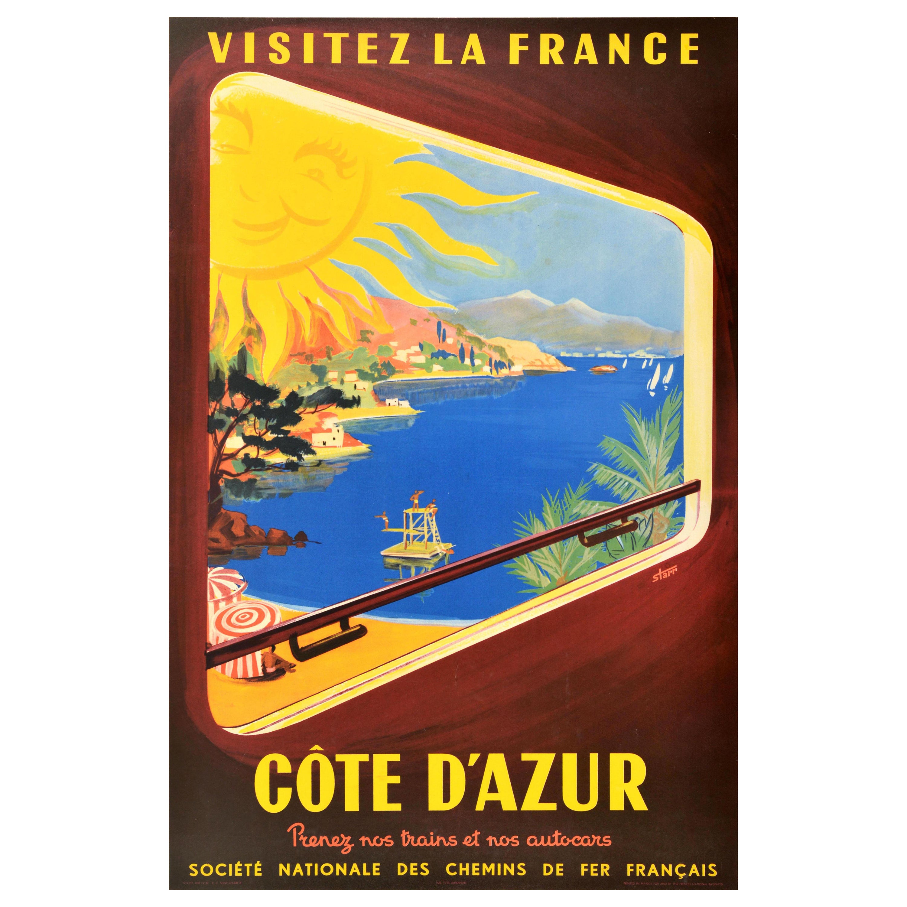 Original Vintage Travel Poster French Riviera Cote D'Azur SNCF Visit France For Sale