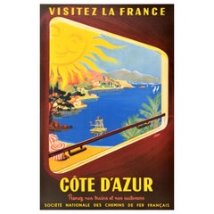 Original Antique Travel Poster French Riviera Cote D'Azur SNCF Visit France