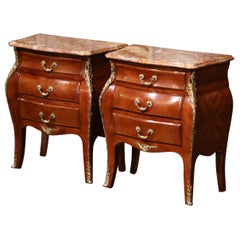 Pair of Mid-Century Louis XV Marble Top Walnut Three-Drawer Chests Nightstands
