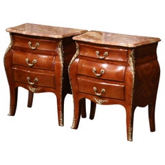 Retro Pair of Mid-Century Louis XV Marble Top Walnut Three-Drawer Chests Nightstands