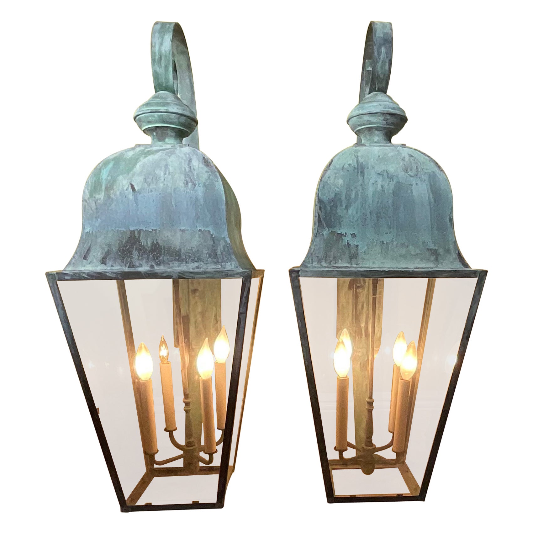 Large Pair of Vintage Handcrafted Wall-Mounted Solid Brass Lantern