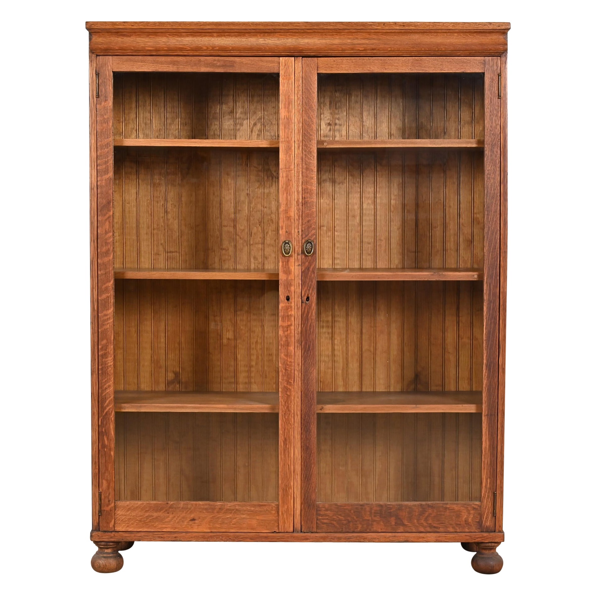 Antique Stickley Style Arts & Crafts Oak Glass Front Double Bookcase, Circa 1900