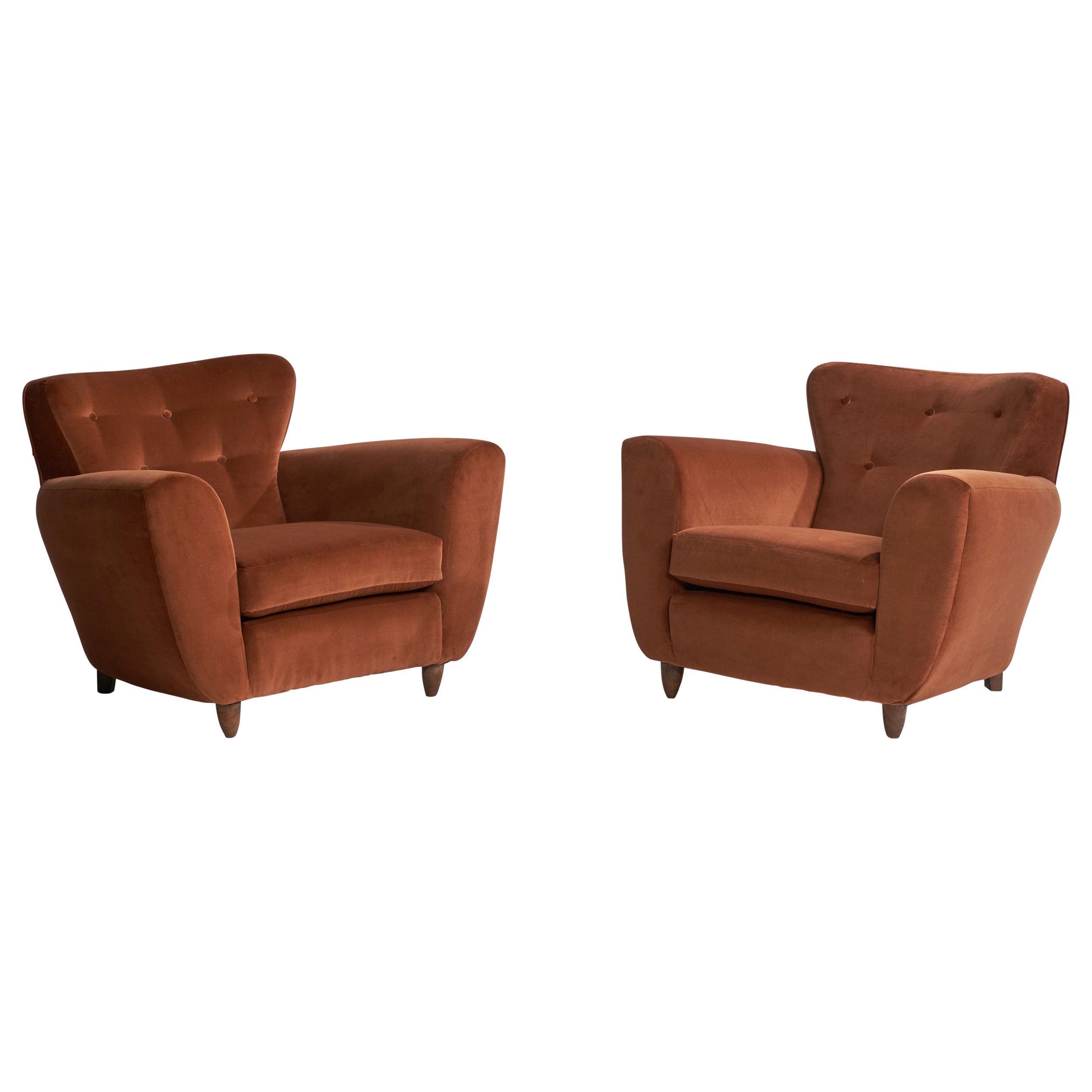 Osvaldo Borsani Attribution, Lounge Chairs, Wood, Velvet, Italy, 1940s For Sale