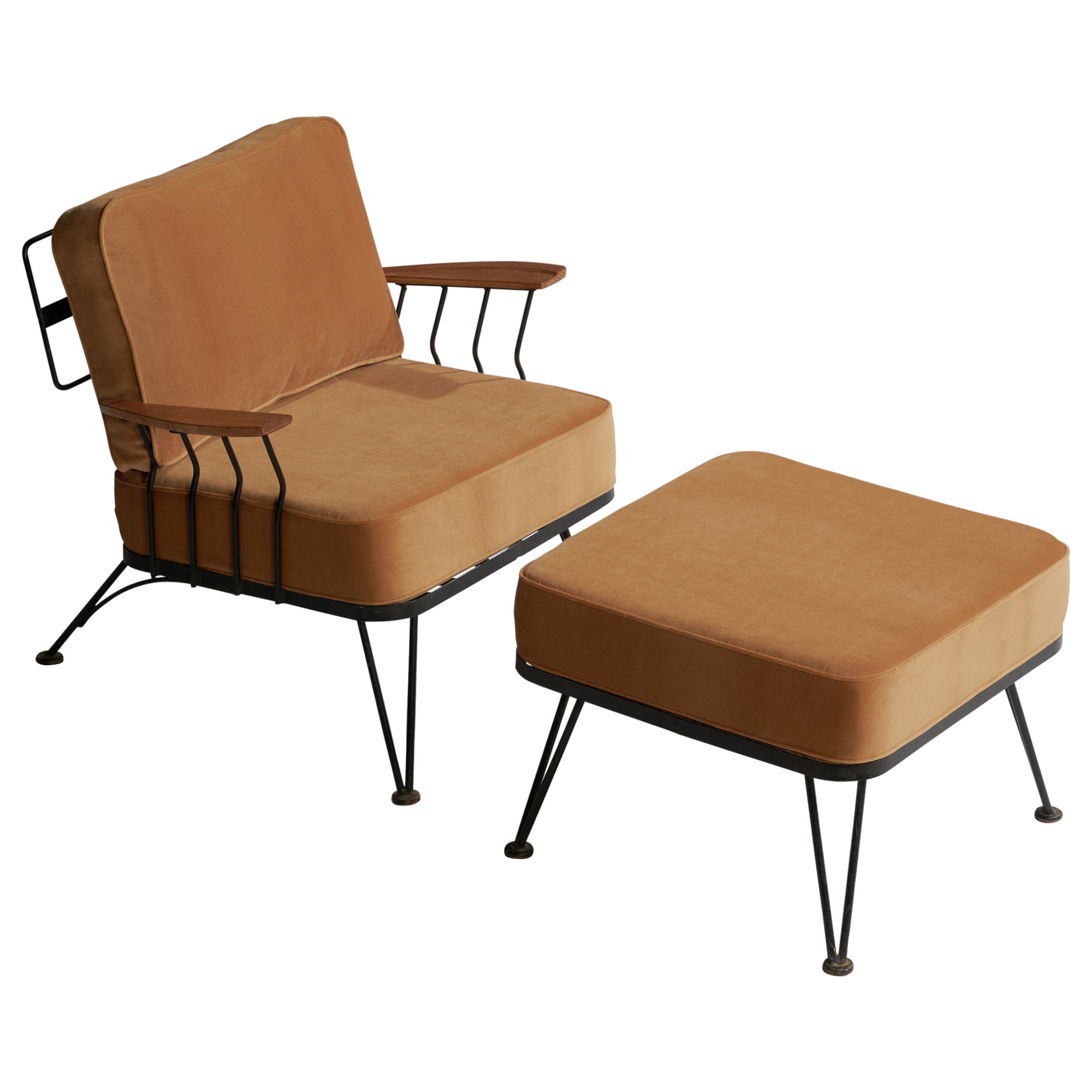 Russell Woodard, Lounge Chair & Ottoman, Metal, Velvet, Wood, USA, 1950s