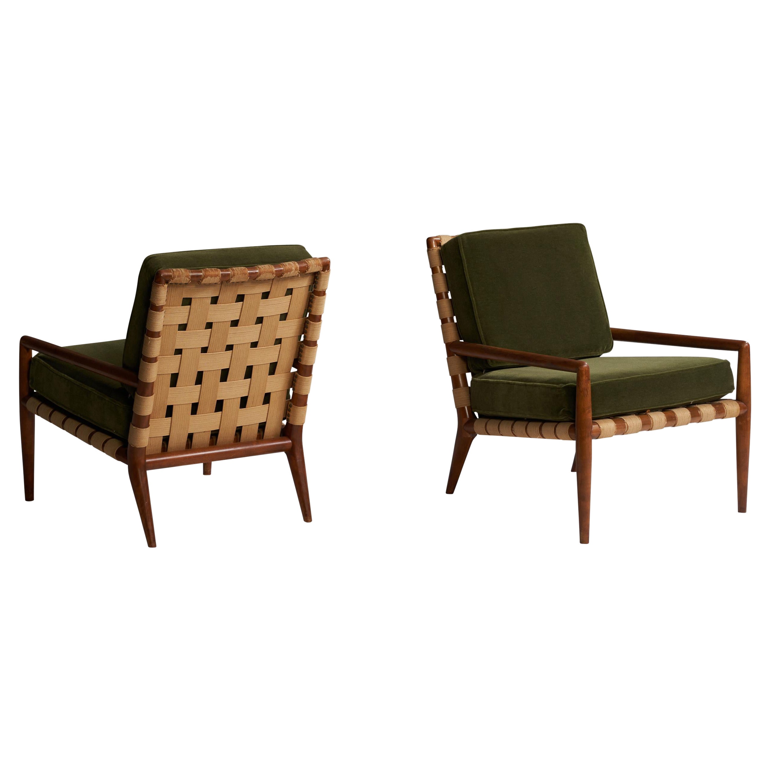 T.H. Robsjohn-Gibbings, Lounge Chairs, Walnut, Cotton, Mohair, USA, 1950s