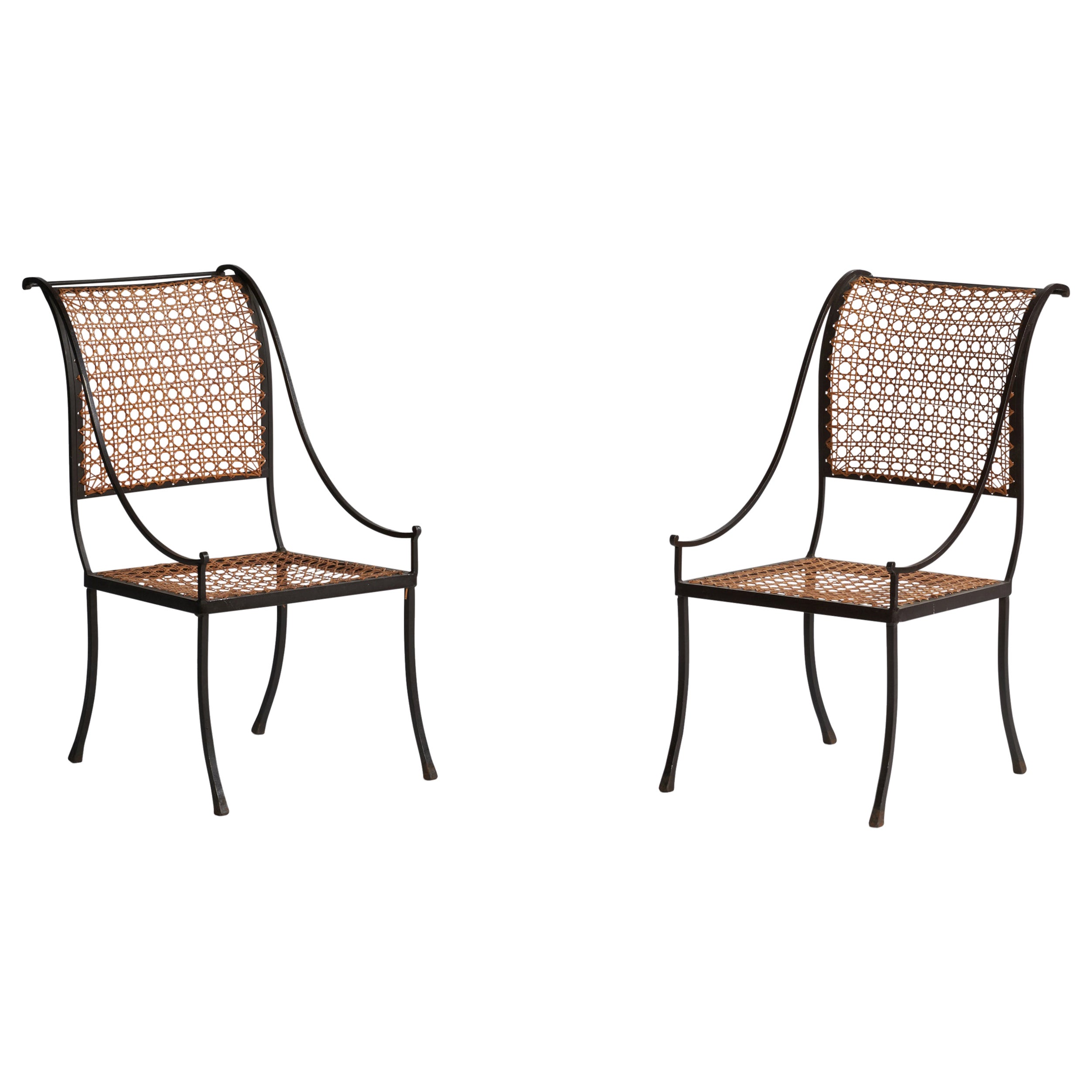 John Vesey, Arm Chairs, Wrought Iron, Cane, USA, 1950s For Sale