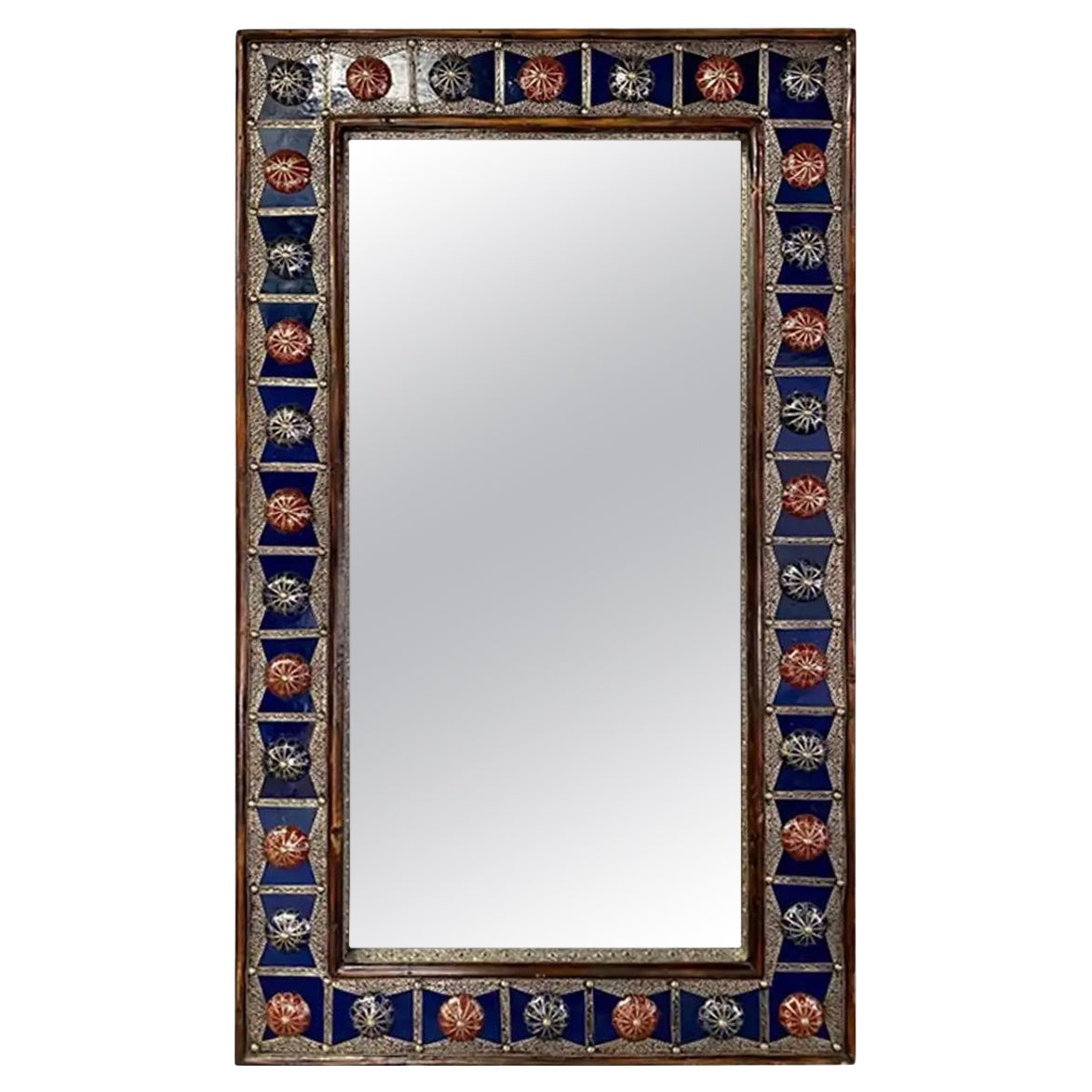 Hollywood Regency Style Blue Mirror, Bronze & Stones inlay in Filligree Design  For Sale