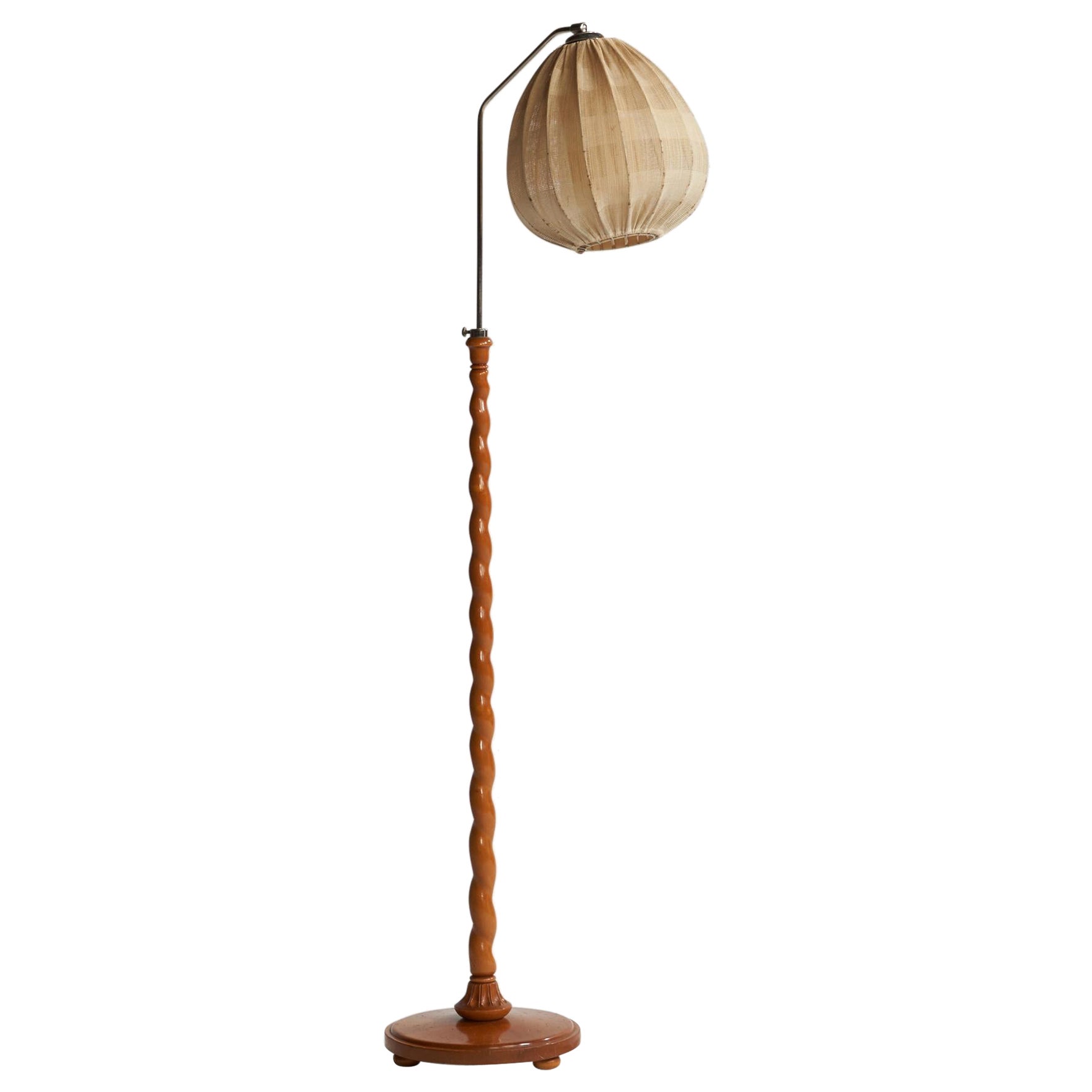 Swedish Designer, Floor Lamp, Chrome, Wood, Fabric, Sweden, 1930s For Sale