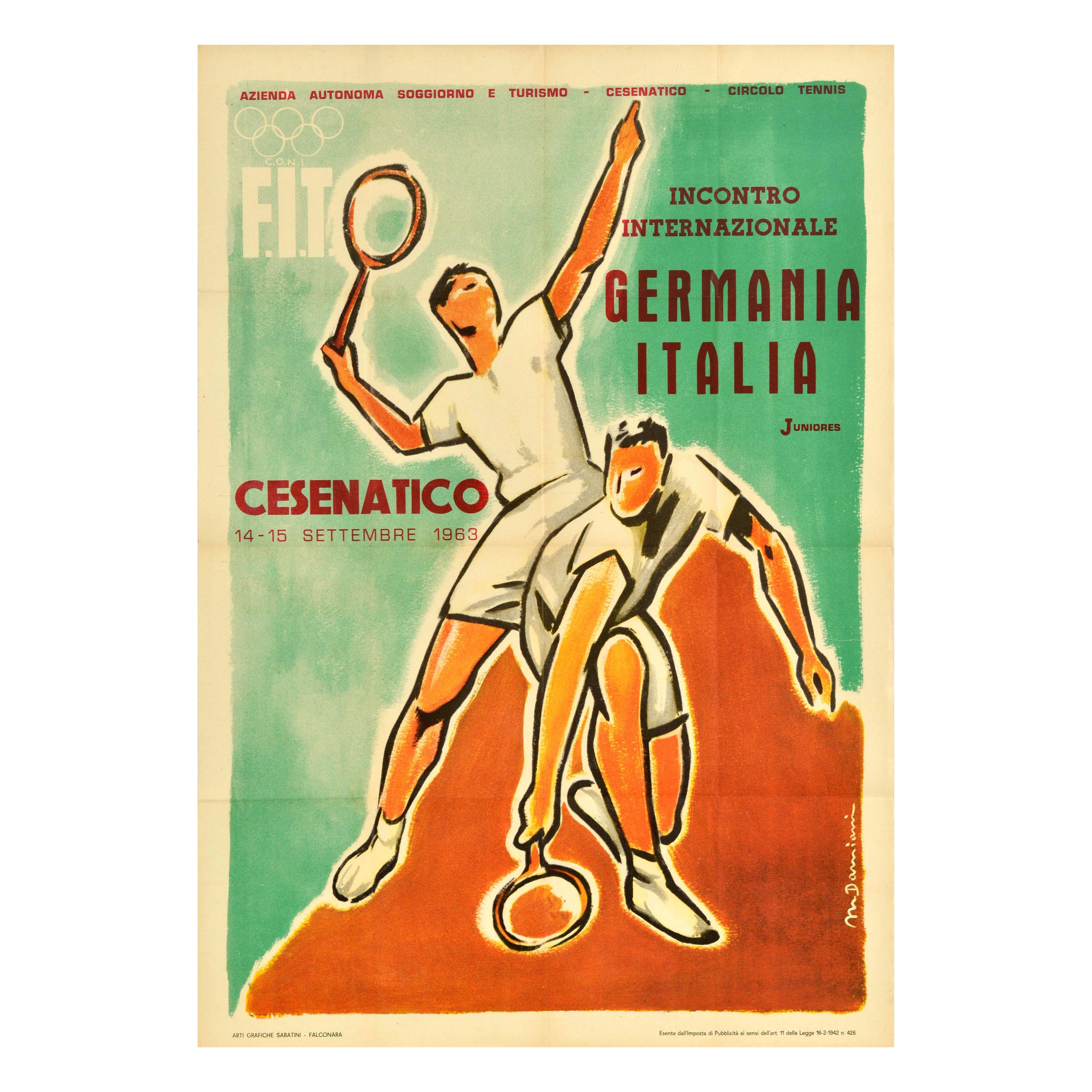 Original Vintage Sport Poster Cesenatico Tennis Meeting Germany Italy Coni FIT For Sale