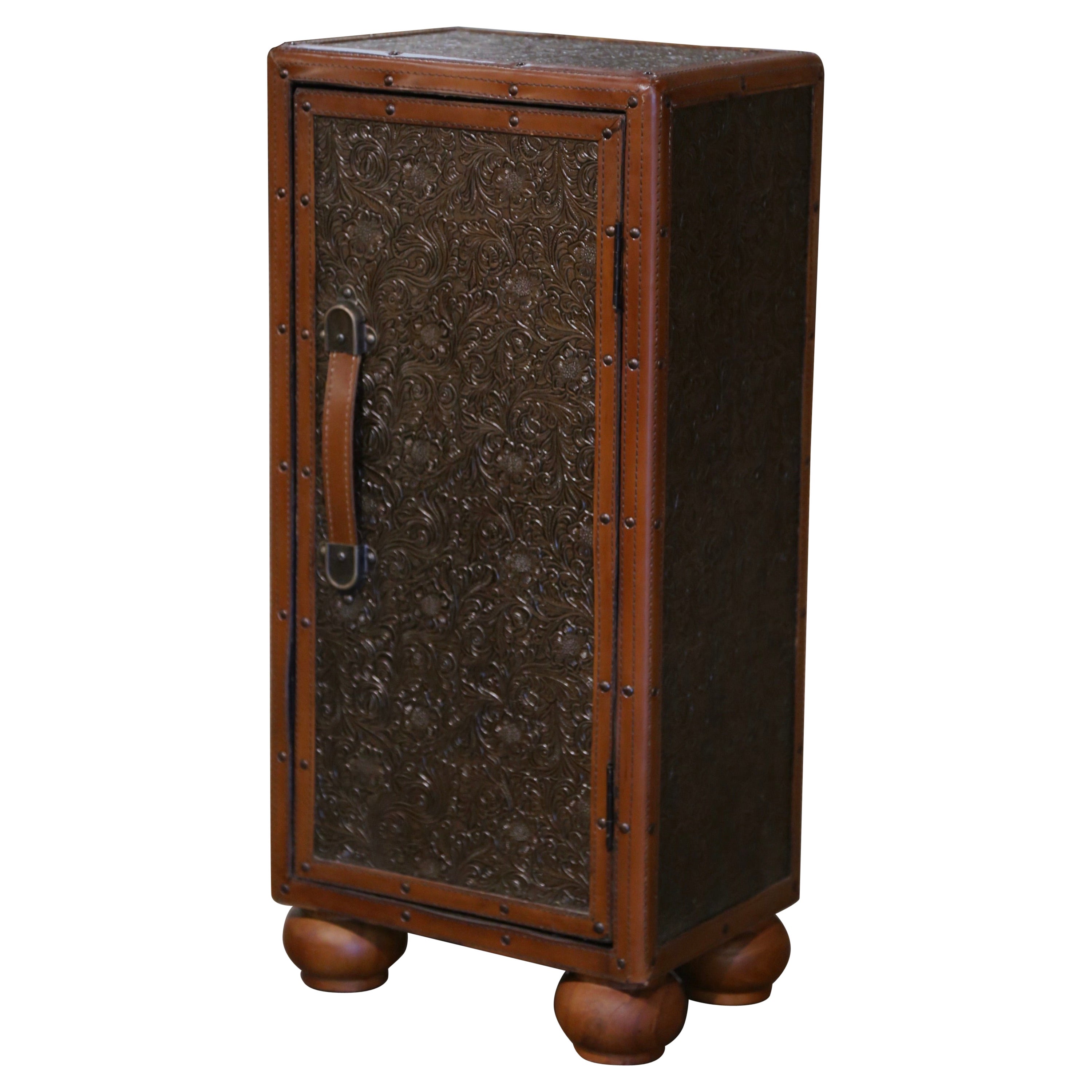 Late 20th Century Spanish Embossed Leather Suitcase-Form Cabinet on Bun Feet For Sale
