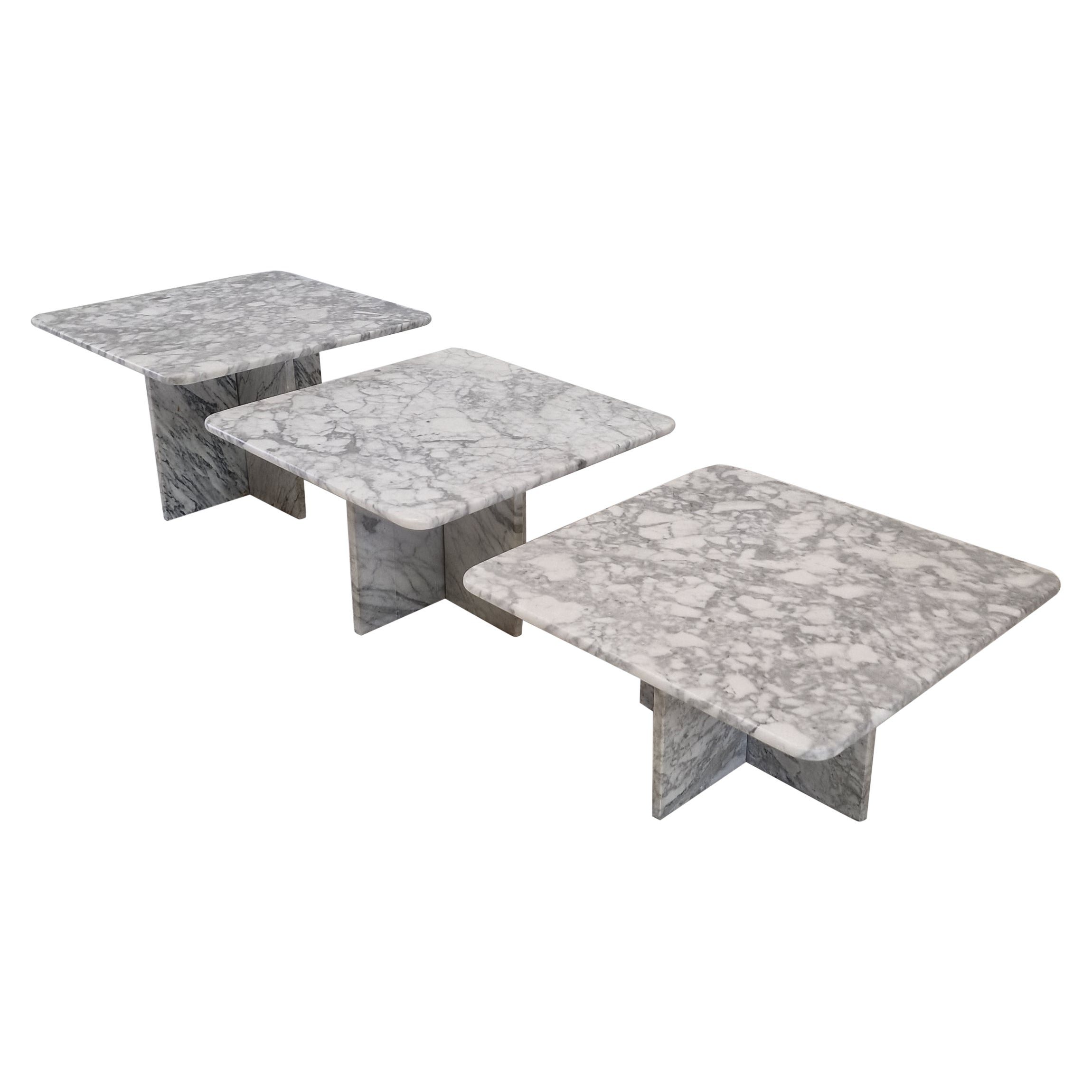 Set of 3 Italian Bianco Carrara Marble Coffee or Side Tables, 1980s For Sale