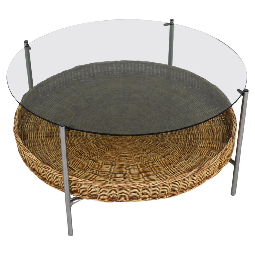 Mid-Century Glass and Rattan Side or Coffee Table "743" by Dirk van Sliedregt For Sale