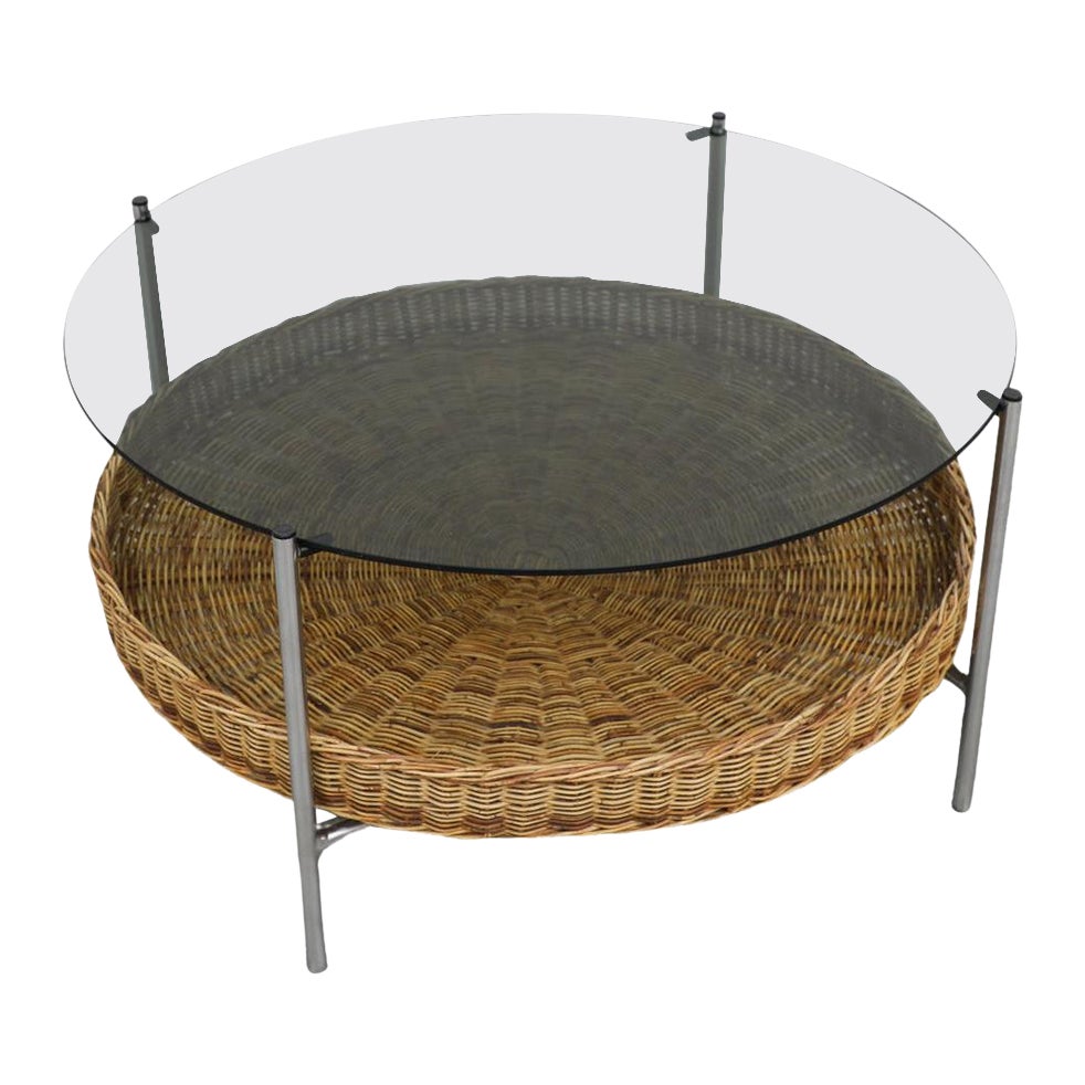 Tavolino o tavolino in vetro e rattan "743" di Dirk Van Sliedregt, metà del secolo scorso