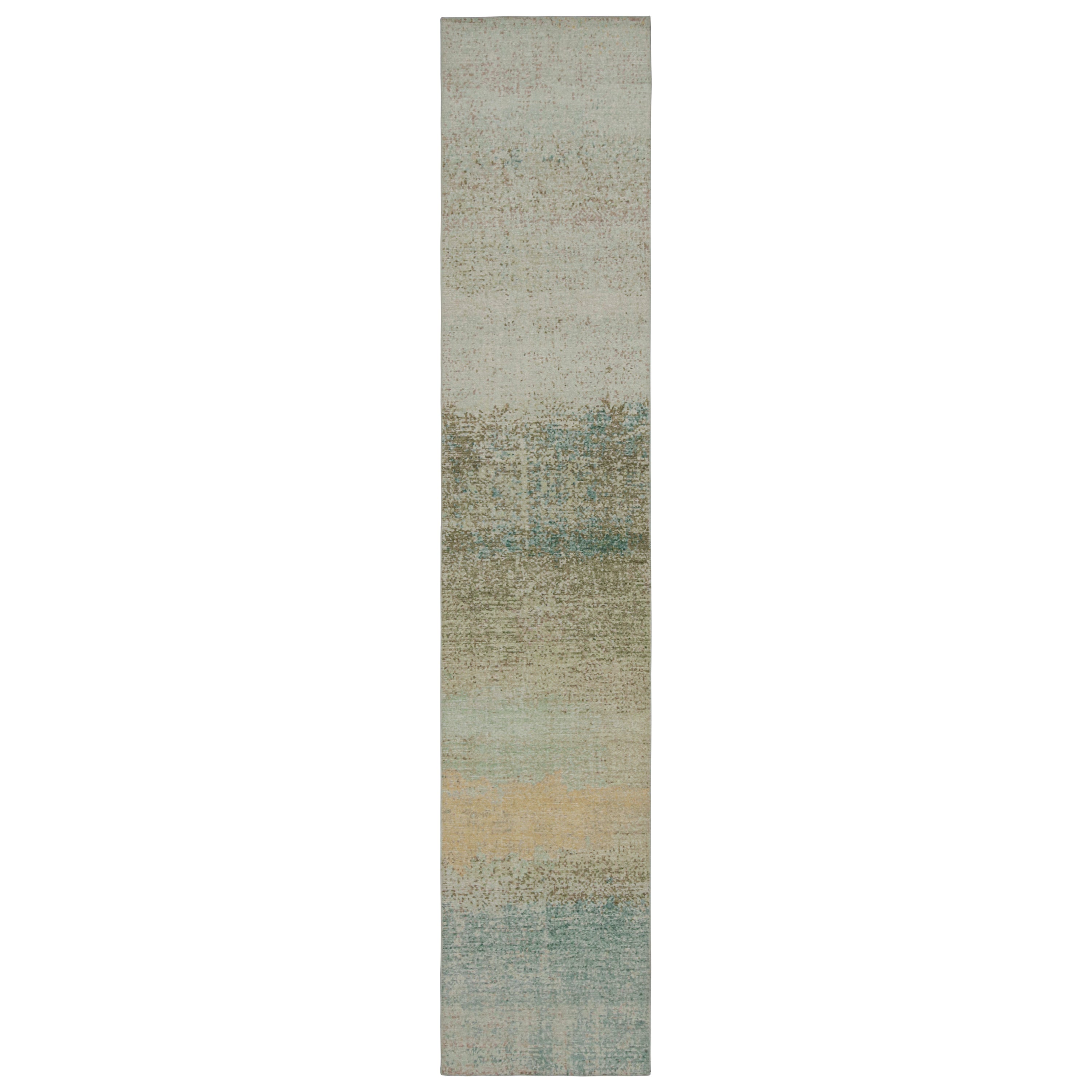 Rug & Kilim’s Distressed Style Abstract Runner Rug in Blue and Beige For Sale
