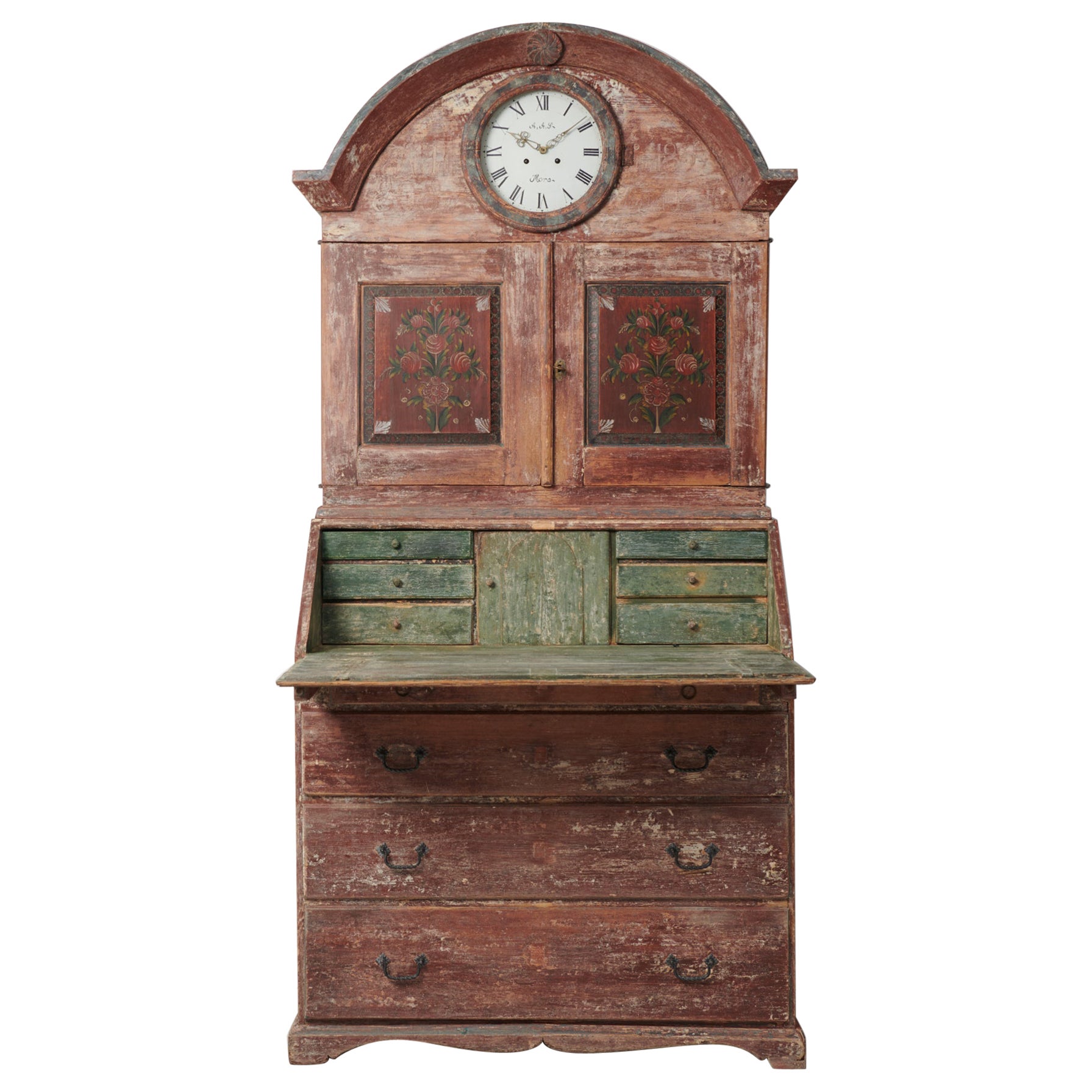 Genuine Antique Swedish Pine Clock Cabinet with a Secretary Desk  For Sale