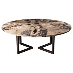 Mesa de comedor redonda de madera petrificada de 80" con base de metal