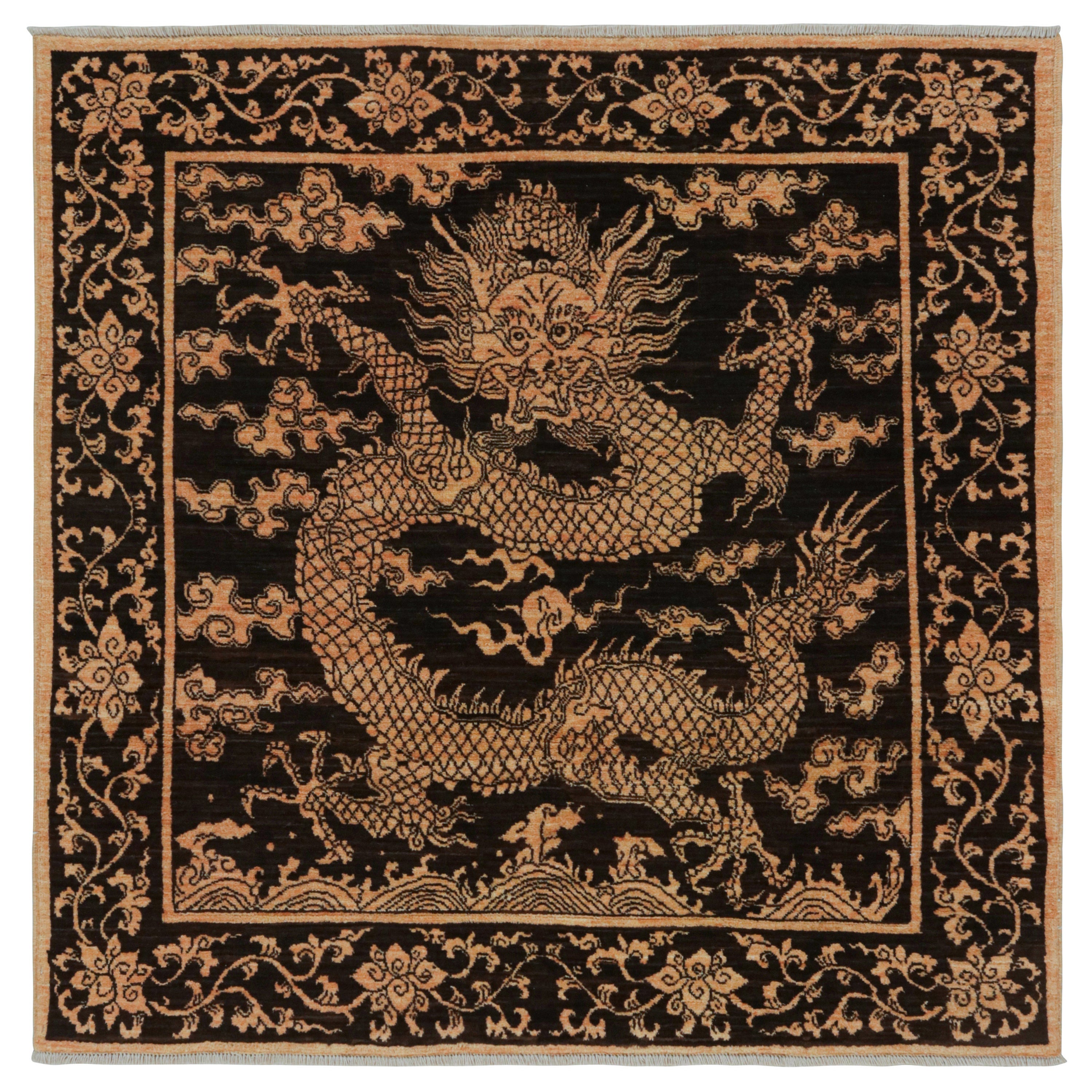 Rug & Kilim's Chinese style Dragon Rug with Brown, Black and Gold Pictorials