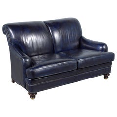 Vintage Hancock & Moore Loveseat: Classic English Elegance in Navy Blue Leather