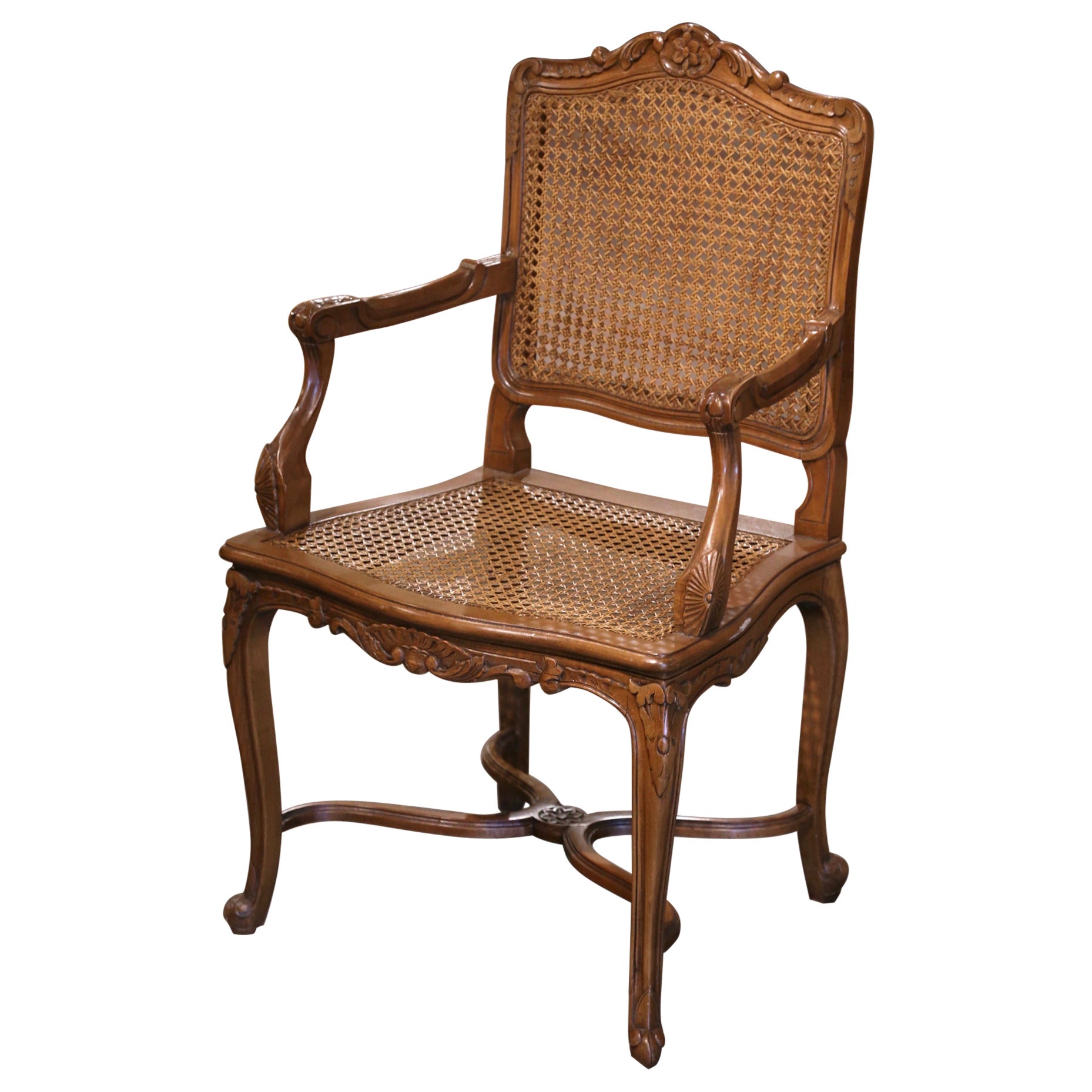 20th Century French Louis XV Carved Walnut and Cane Desk Armchair