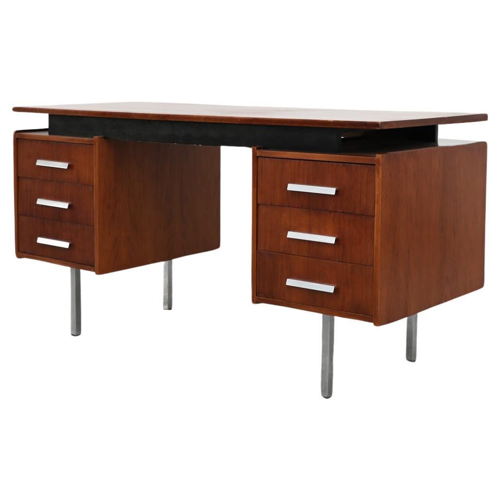 Mid-Century 6 Drawer Teak Tijsselling Desk with Floating Top and Chrome Legs