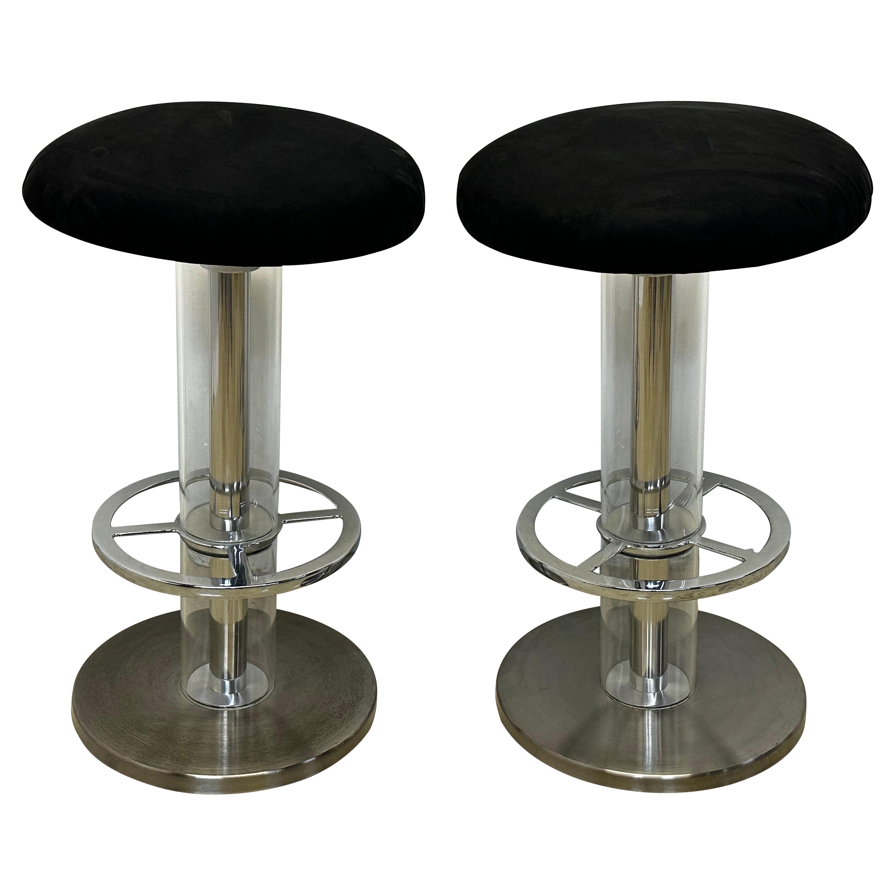 Design for Leisure Steel and Black Ultra Suede Swivel Bar Stools - a Pair For Sale