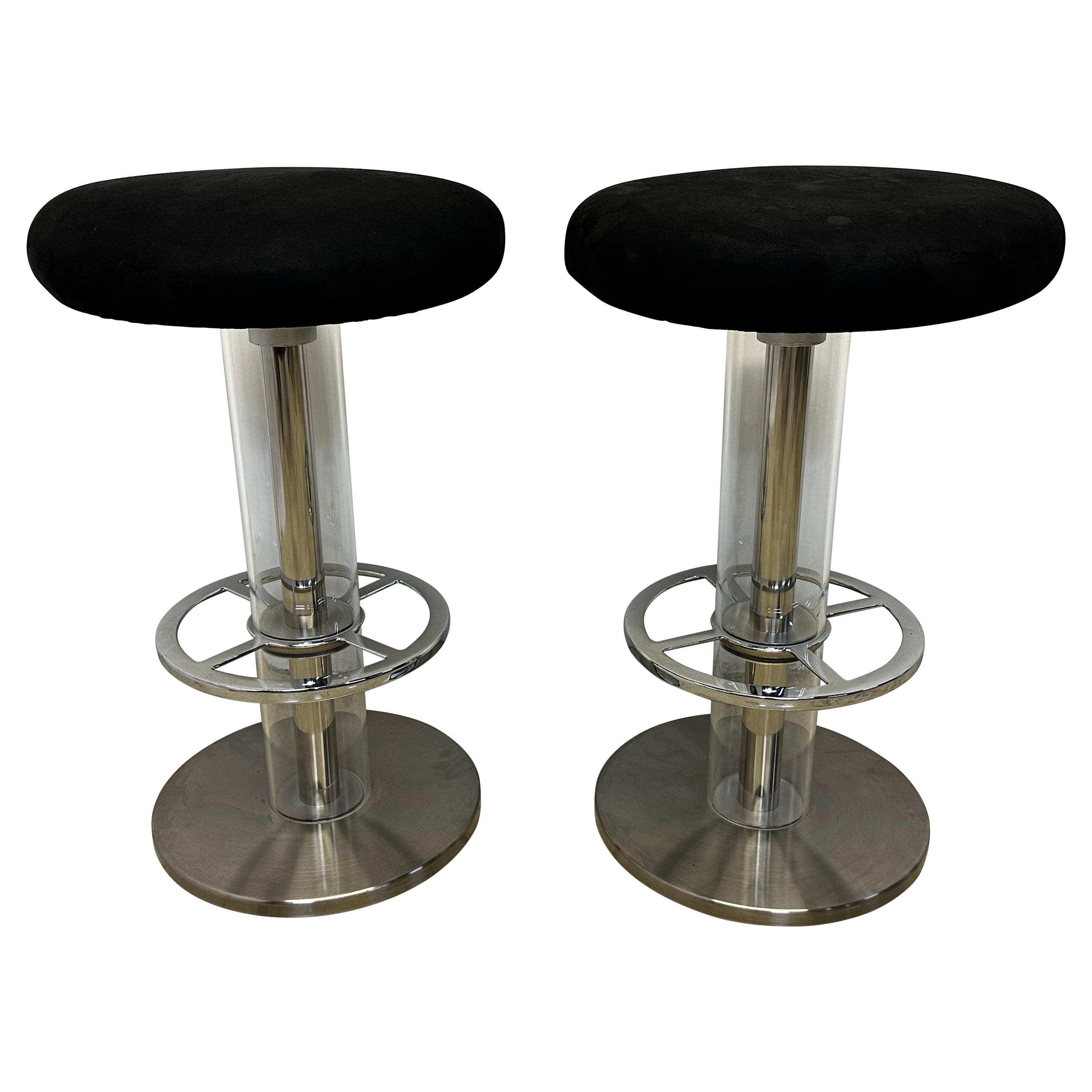 Design for Leisure Steel and Black Ultra Suede Swivel Bar Stools - a Pair For Sale