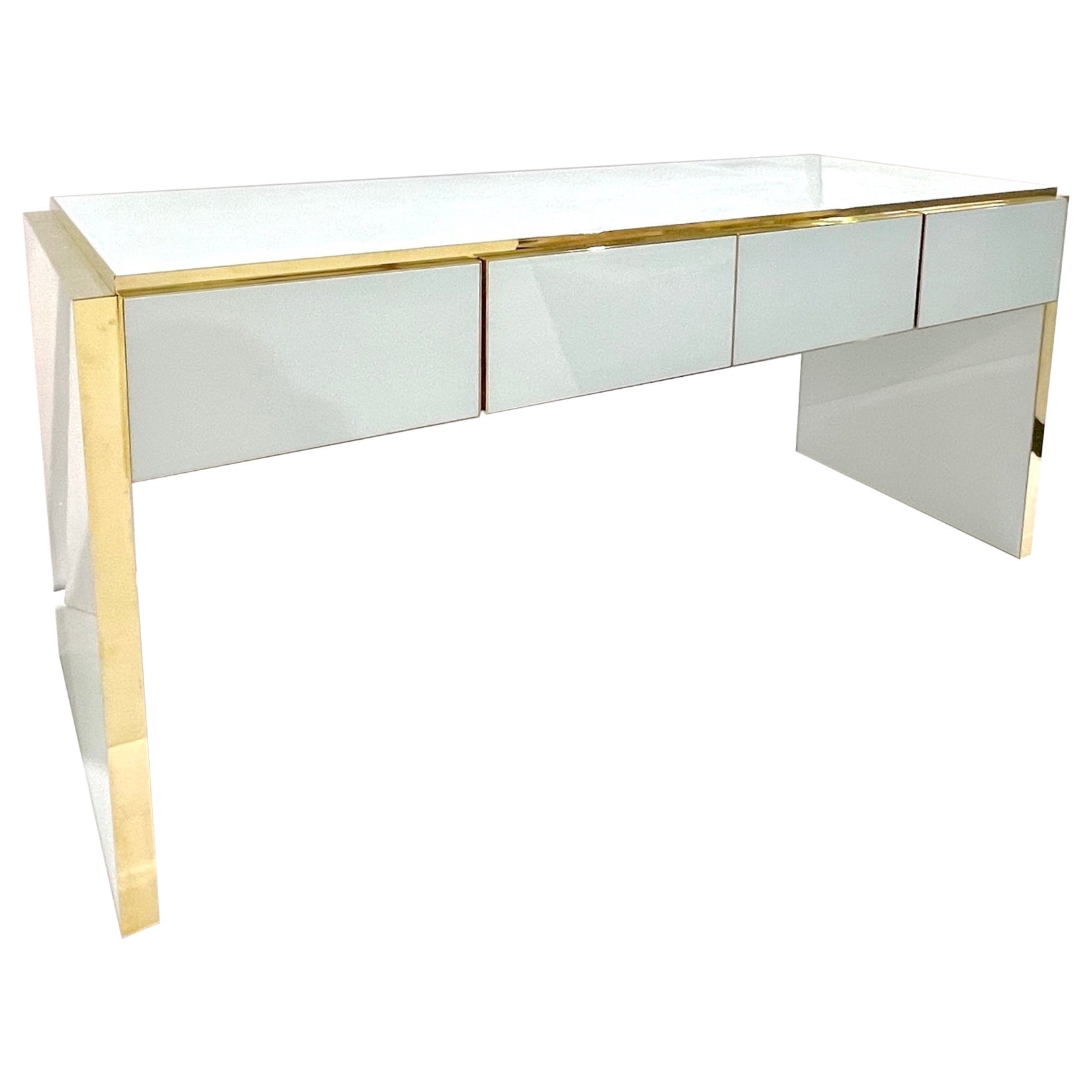 Bespoke Italian Art Deco Design 4-Schublade Weiß & Messing Walnuss Konsole Tisch / Schreibtisch im Angebot