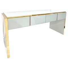 Console/bureau à 4 tiroirs en noyer blanc et laiton, design italien Art Déco sur mesure