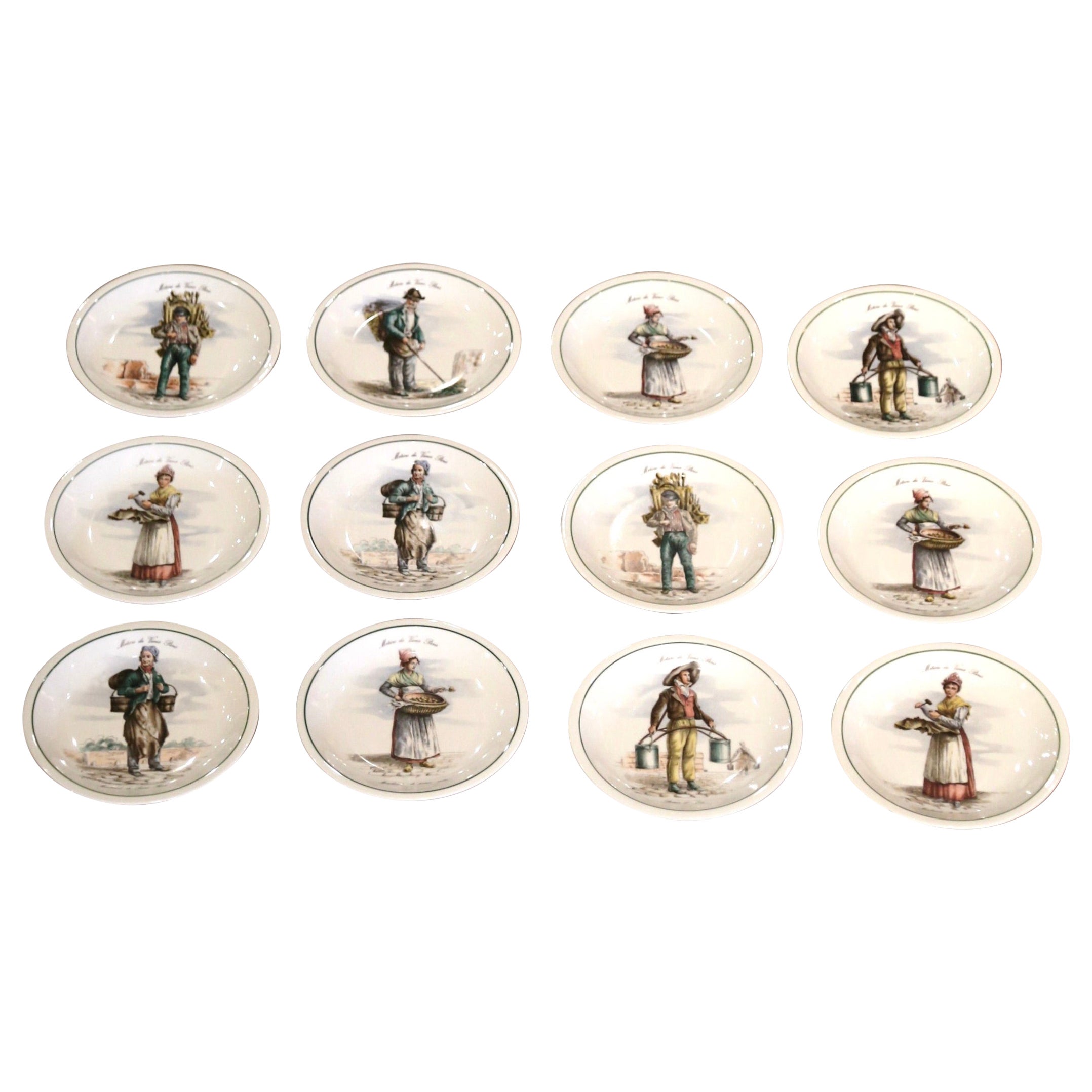 Mid-Century French Hand Painted Porcelain Plates from Paris, Set of 12 For Sale