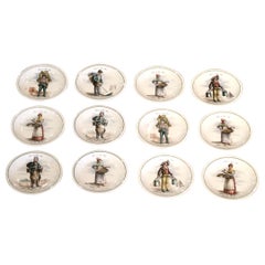 Vintage Mid-Century French Hand Painted Porcelain Plates from Paris, Set of 12