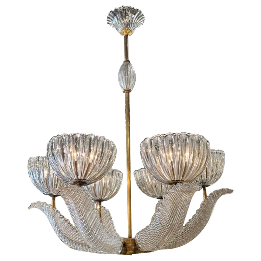 Vintage Murano Glass and Brass Chandelier with 6 LIghts For Sale