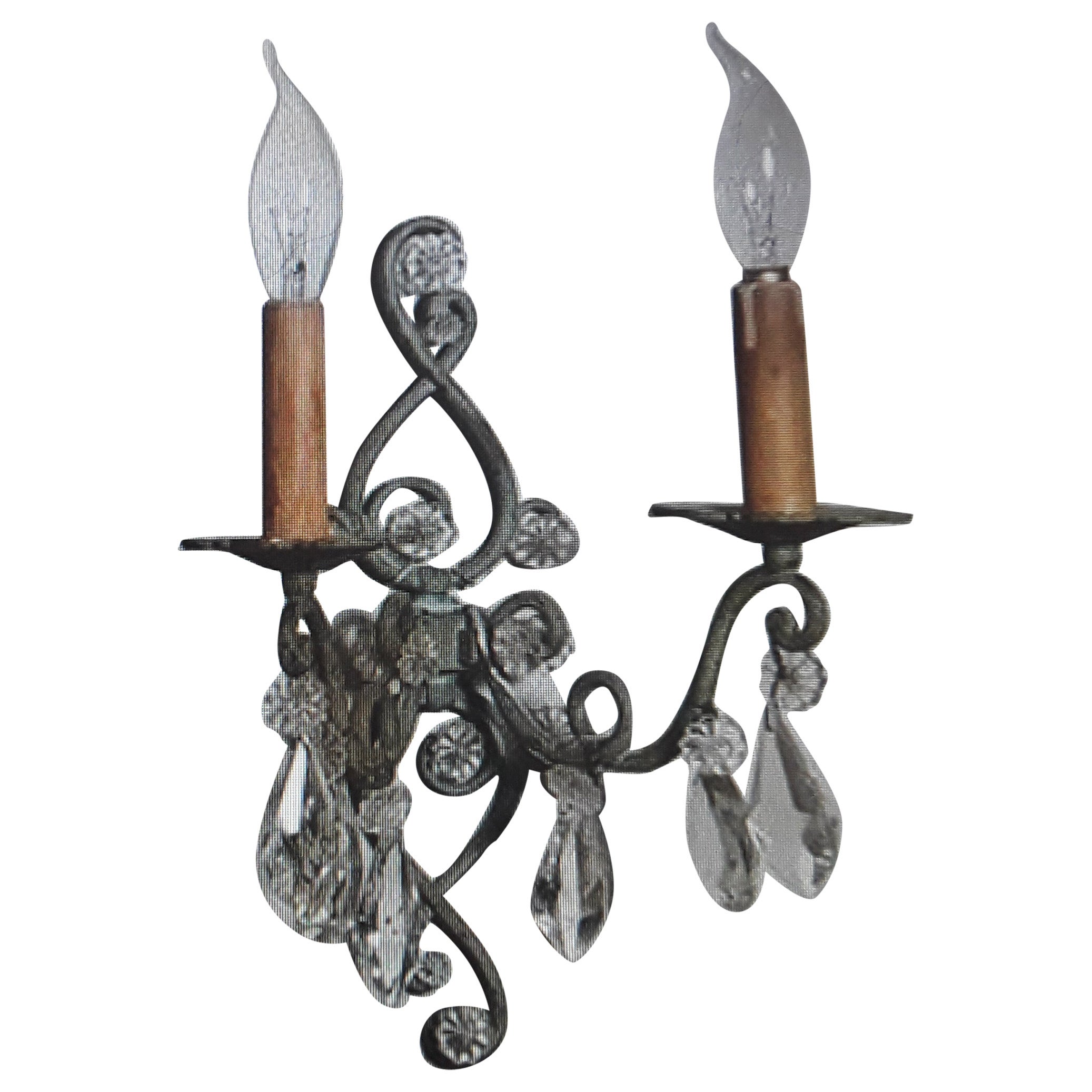 Pr 30s French Art Deco Patinated Ironw/Cut Crystal Wall Sconces by Maison Bagues For Sale