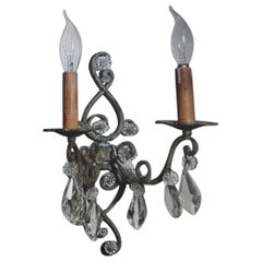 Pr 30s French Art Deco Patinated Ironw/Cut Crystal Wall Sconces by Maison Bagues