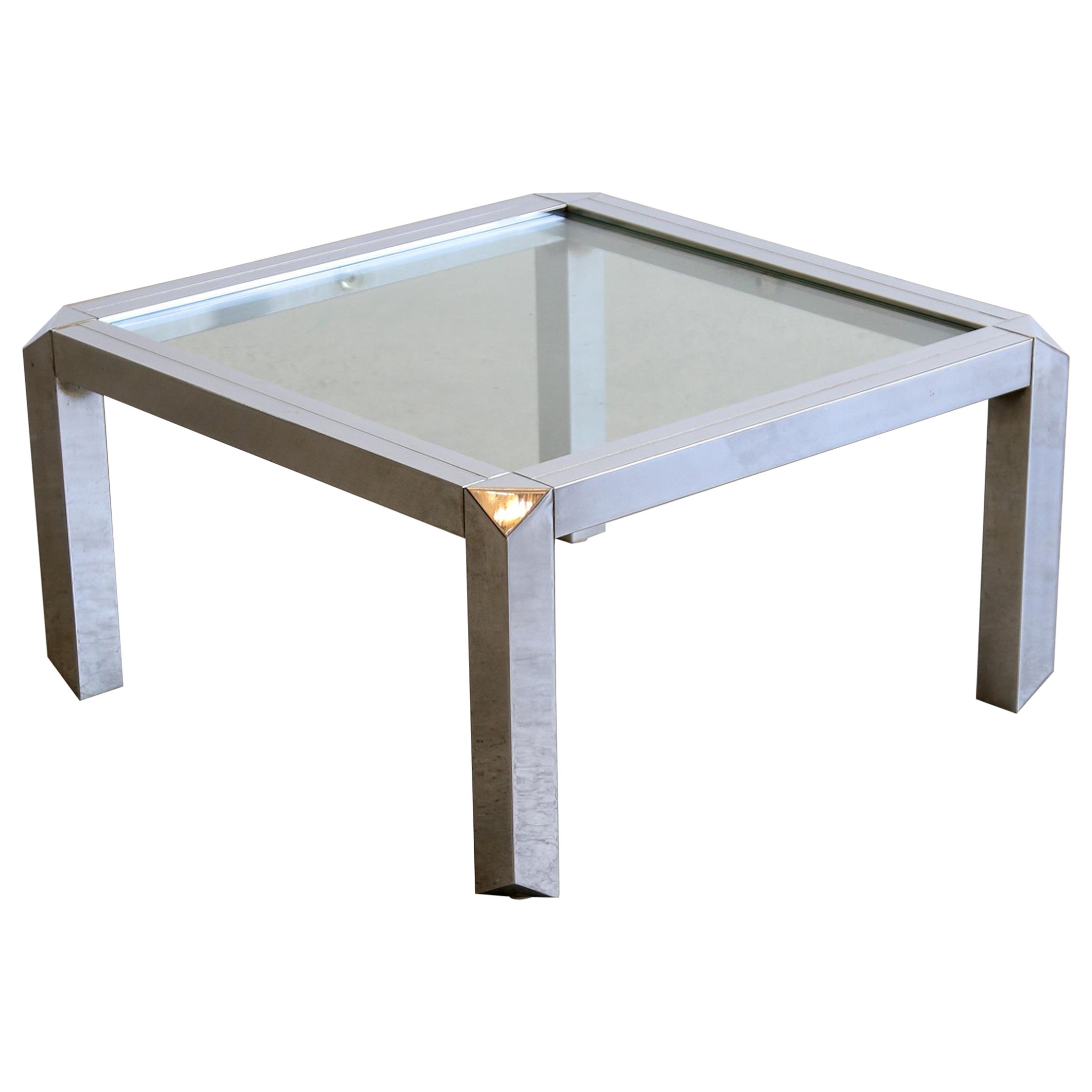 Table basse carrée italienne mi-siècle moderne chromée et verre fumé