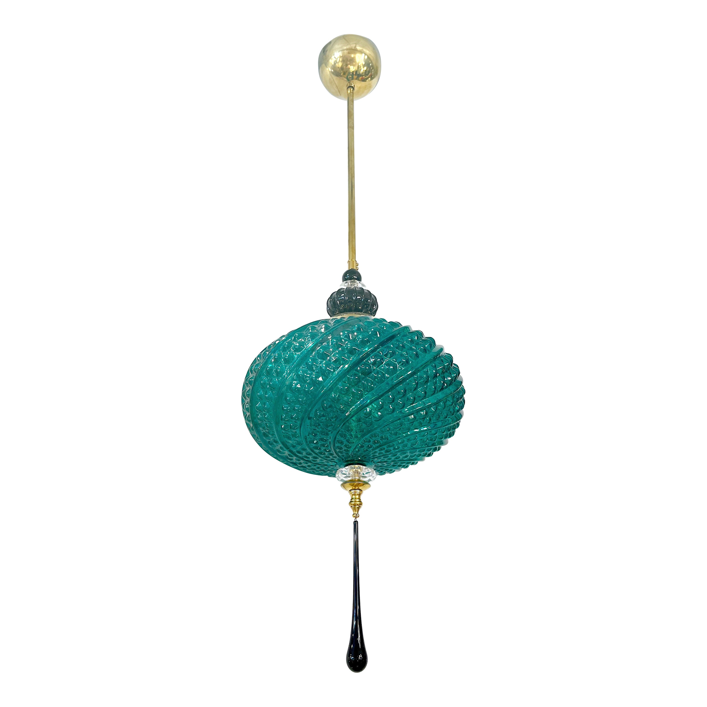 Bespoke Italian Horizontal Emerald Green Black Murano Glass Brass Oval Pendant For Sale