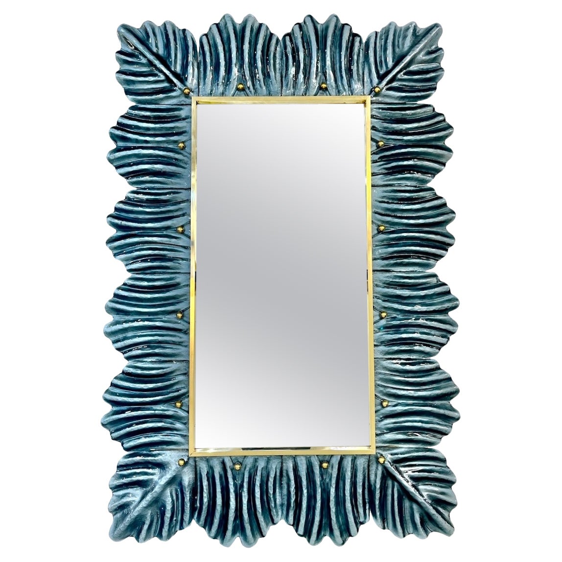 Bespoke Italian Modern Leaf Design Avio Silver Blue Murano Glass Brass Mirror For Sale