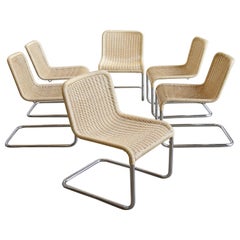 Vintage Set of Six Dining Chairs by A.Lorenz for Tecna in Chrome & Rattan