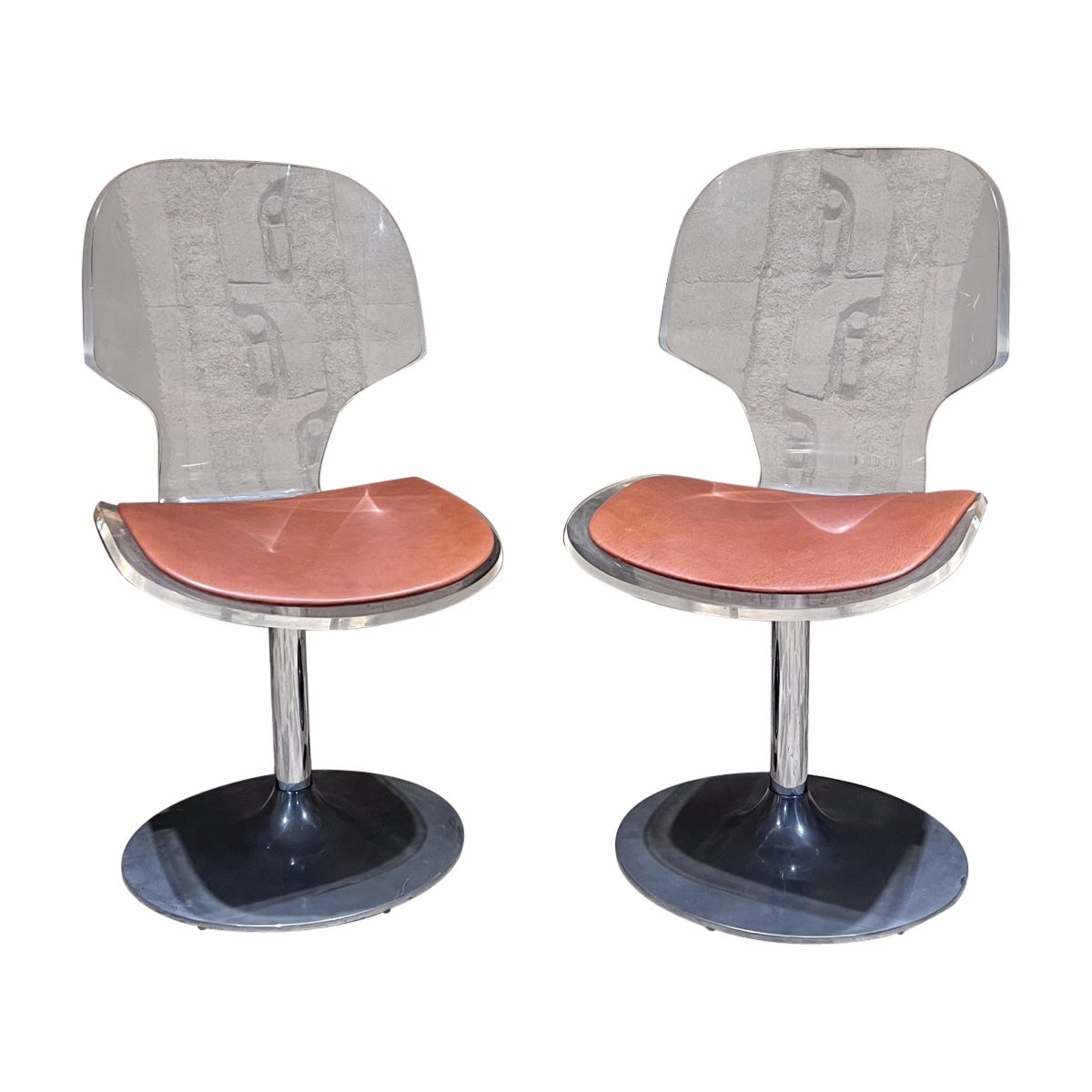 1980s Pair of Lucite and Chrome Swivel Dining Chairs For Sale