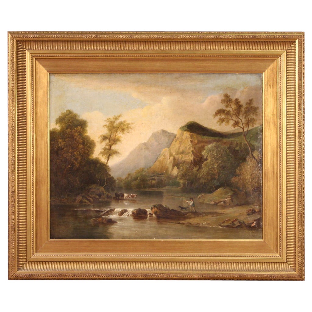 19th Century Oil On Canvas Antique English Landscape Life Painting, 1880 For Sale