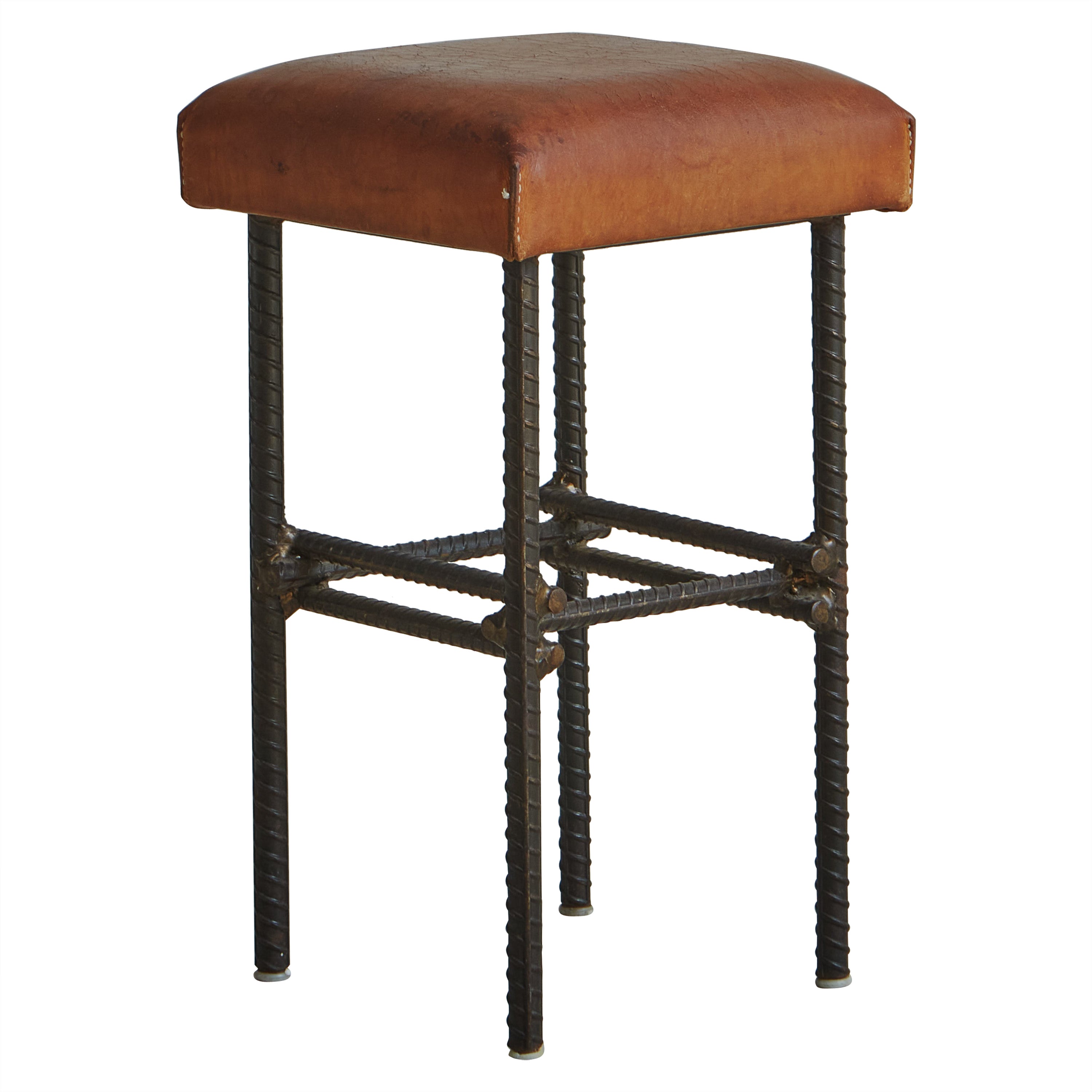 Brutalist Forged Iron + Cognac Leather Stool, France 1960s