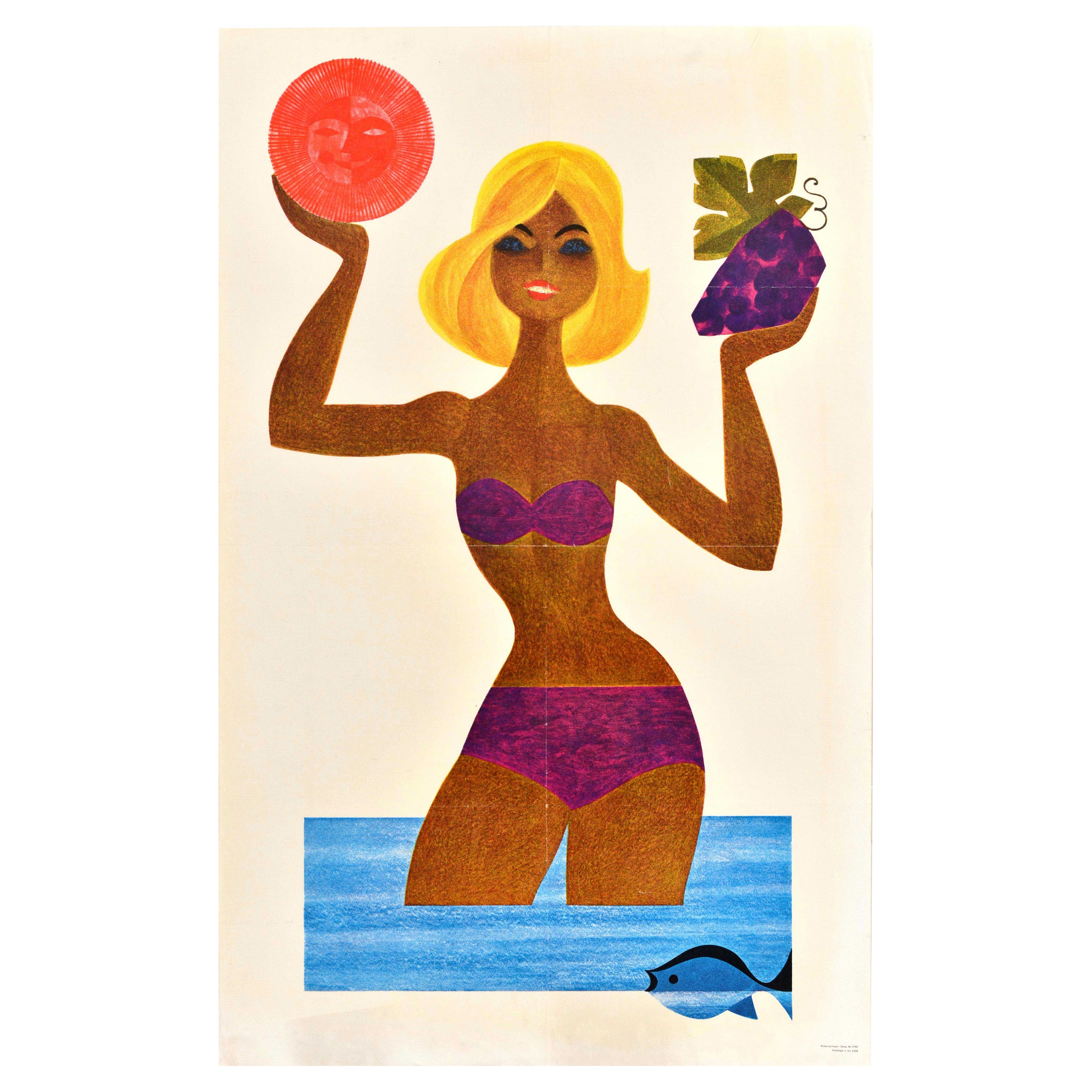 Affiche rétro originale de voyage soviétique, Yalta Sochi, URSS, plage Bikini en vente