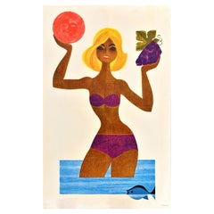 Poster di viaggio sovietico originale d'epoca Intourist Yalta Sochi USSR Bikini Beach
