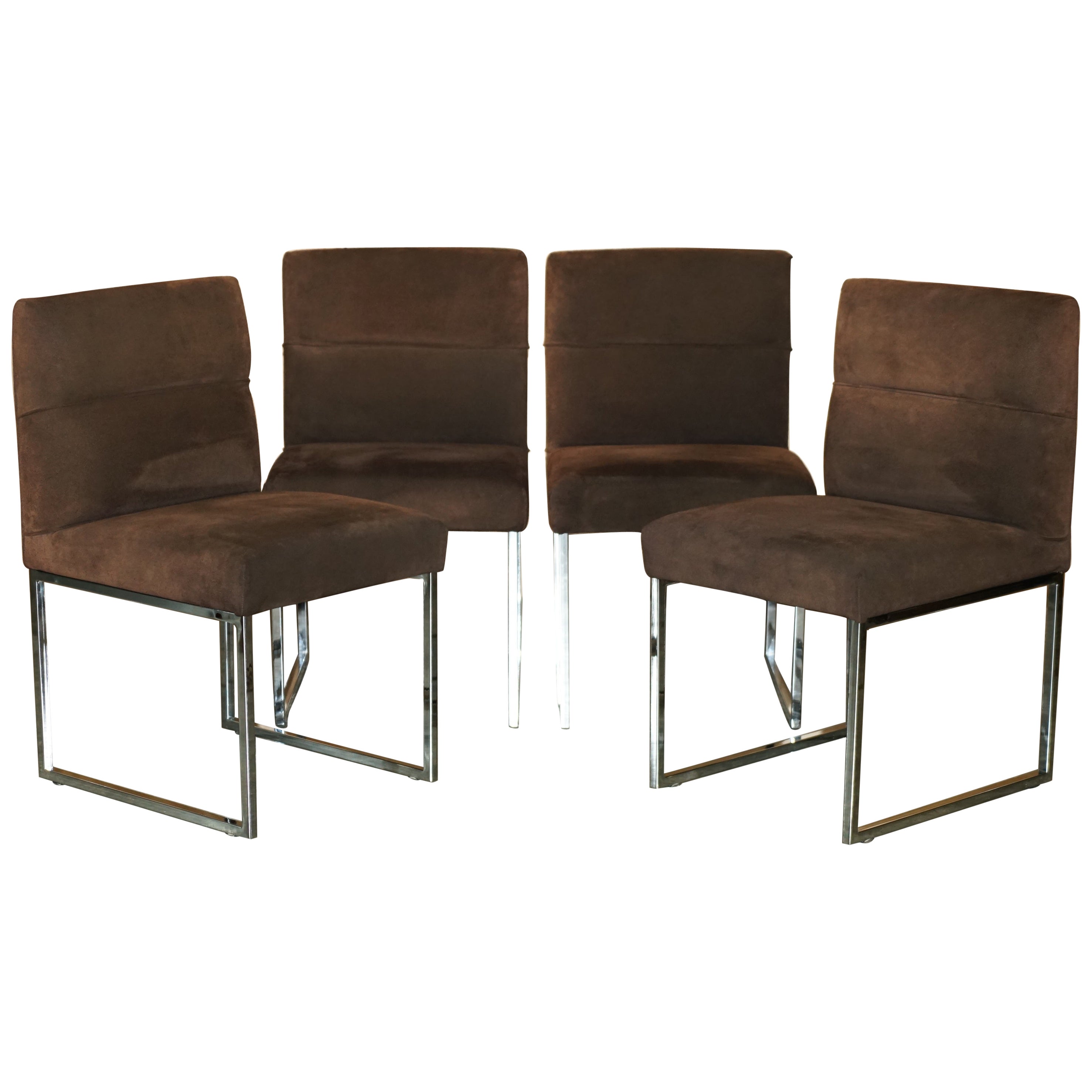 STUNNiNG SET OF FOUR FENDI CASA BROWN SUEDE DINING CHAIRS WITH CHROME FRAMES For Sale