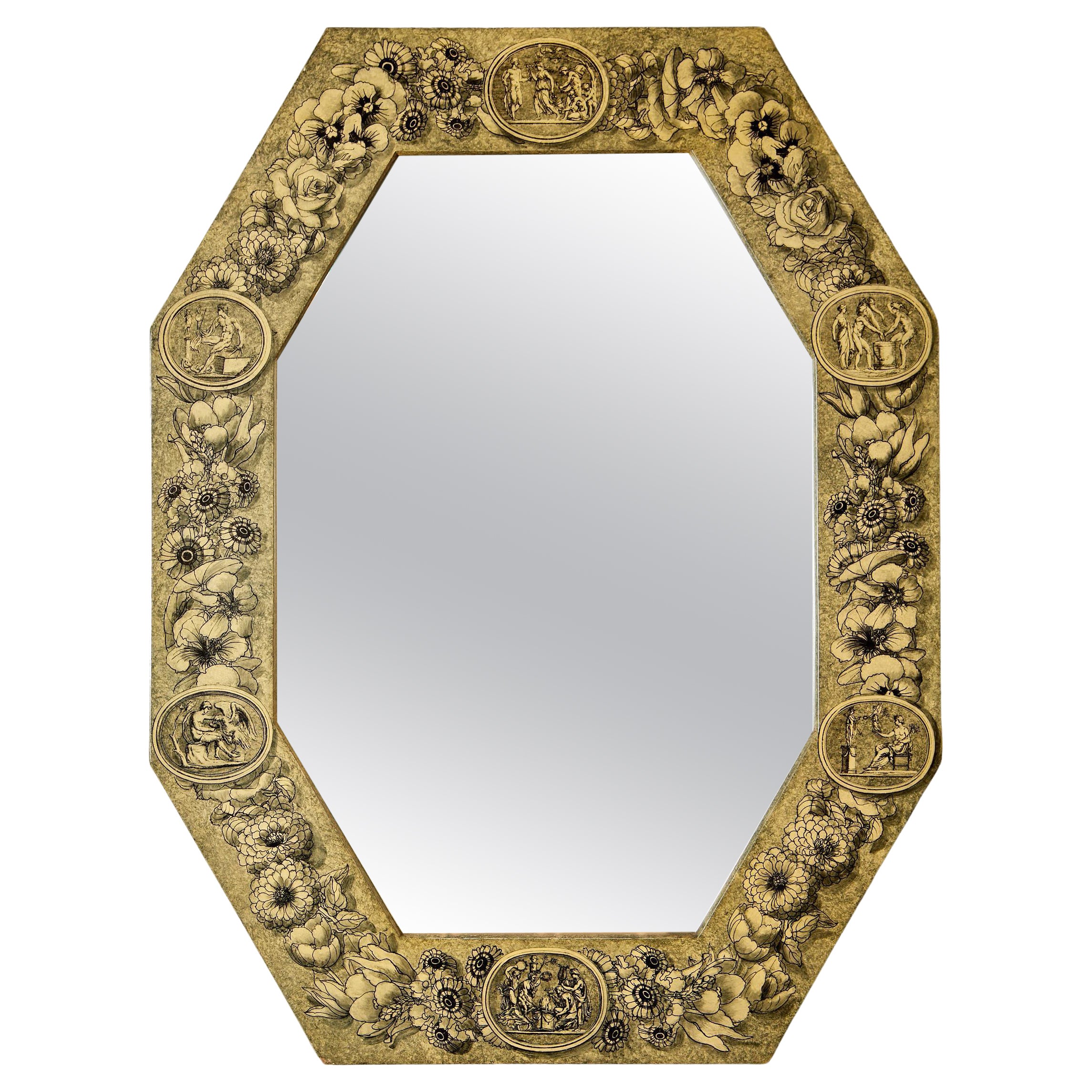 Piero Fornasetti, wall mirror, wooden support covered with screen prints. For Sale