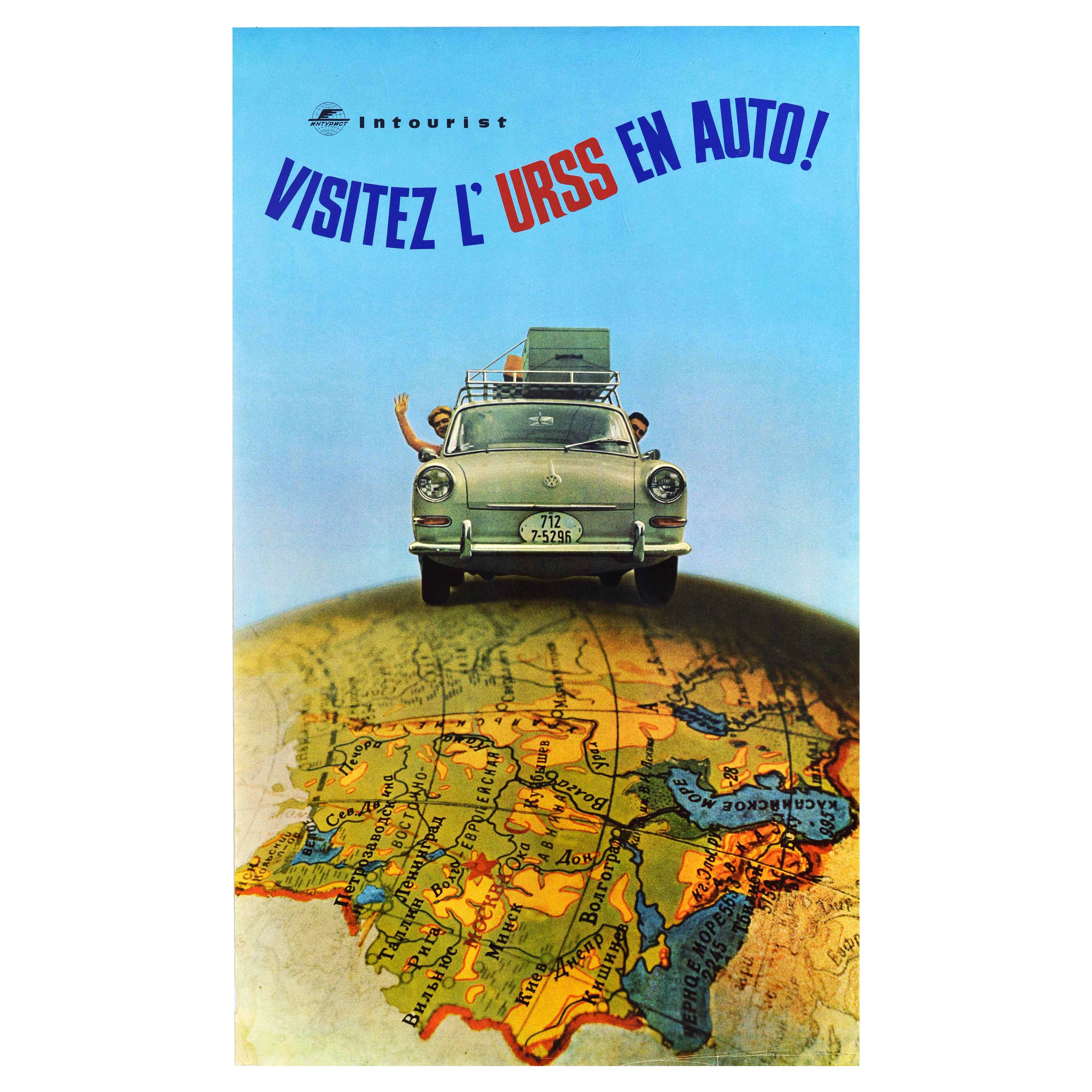 Originales sowjetisches Reiseplakat Visitez L'URSS En Auto VW Intourist UdSSR, Vintage