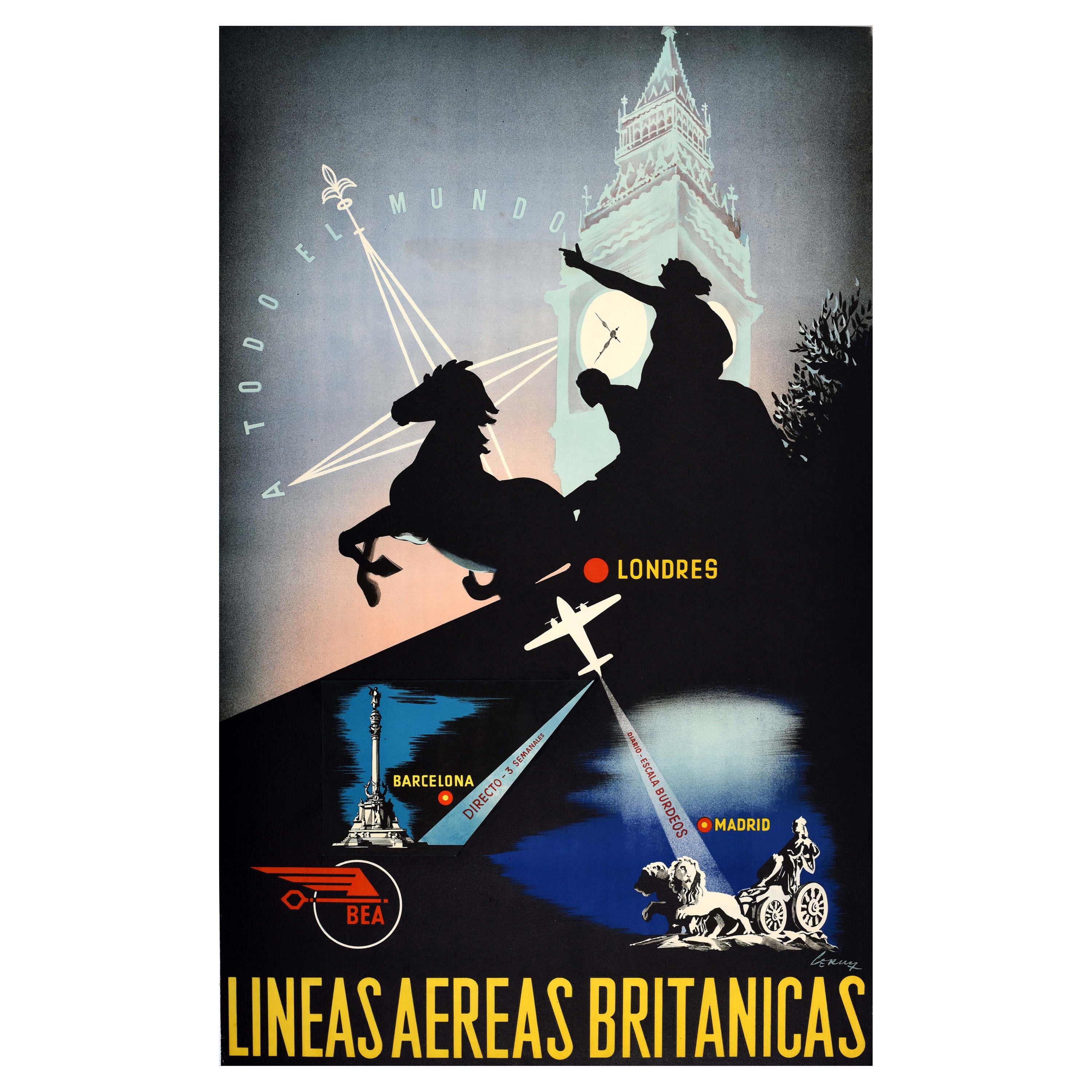 Affiche publicitaire vintage originale de voyage BEA Lineas Aereas Britanicas Londres