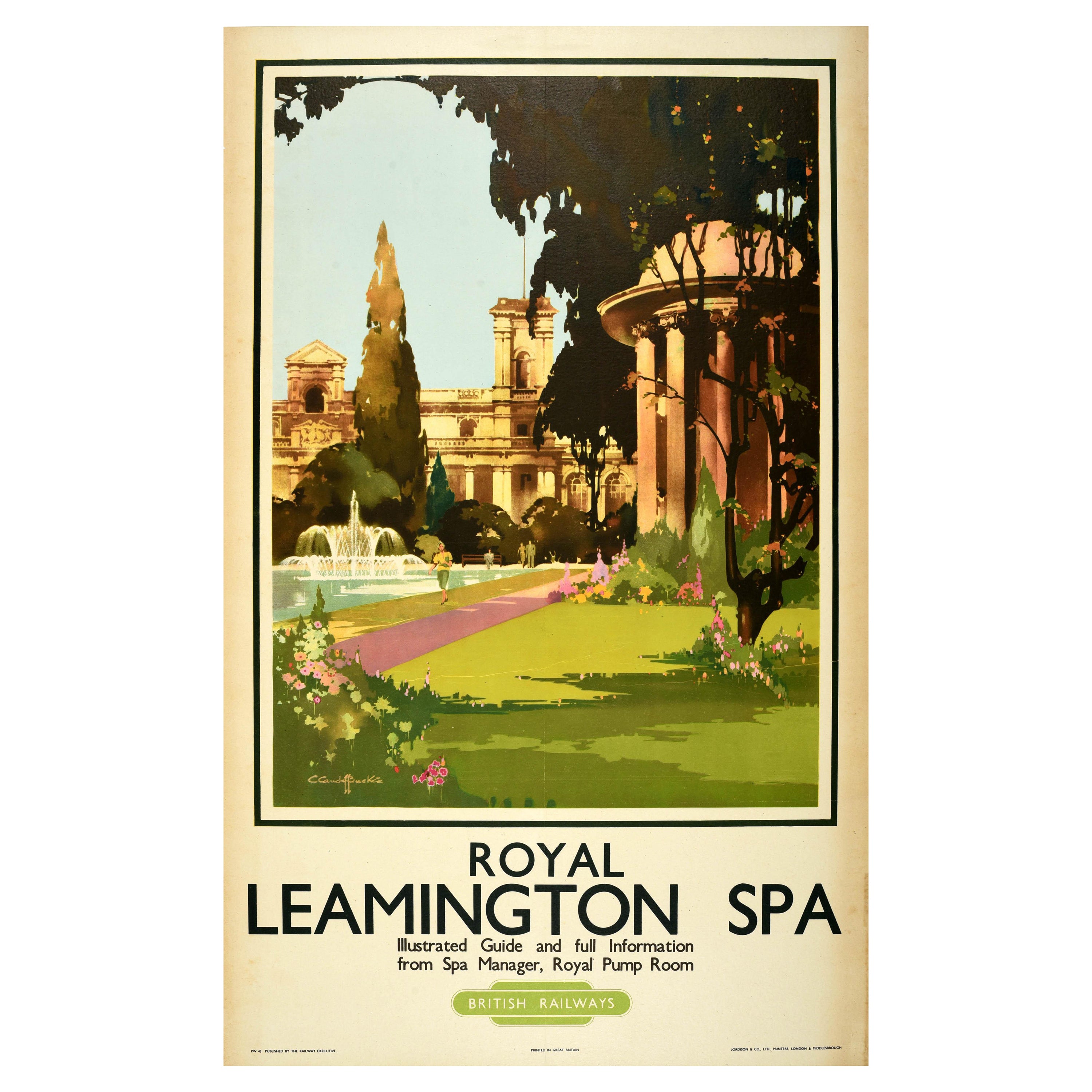 Affiche de voyage vintage d'origine Royal Leamington Spa avec boucle Claude Henry en vente