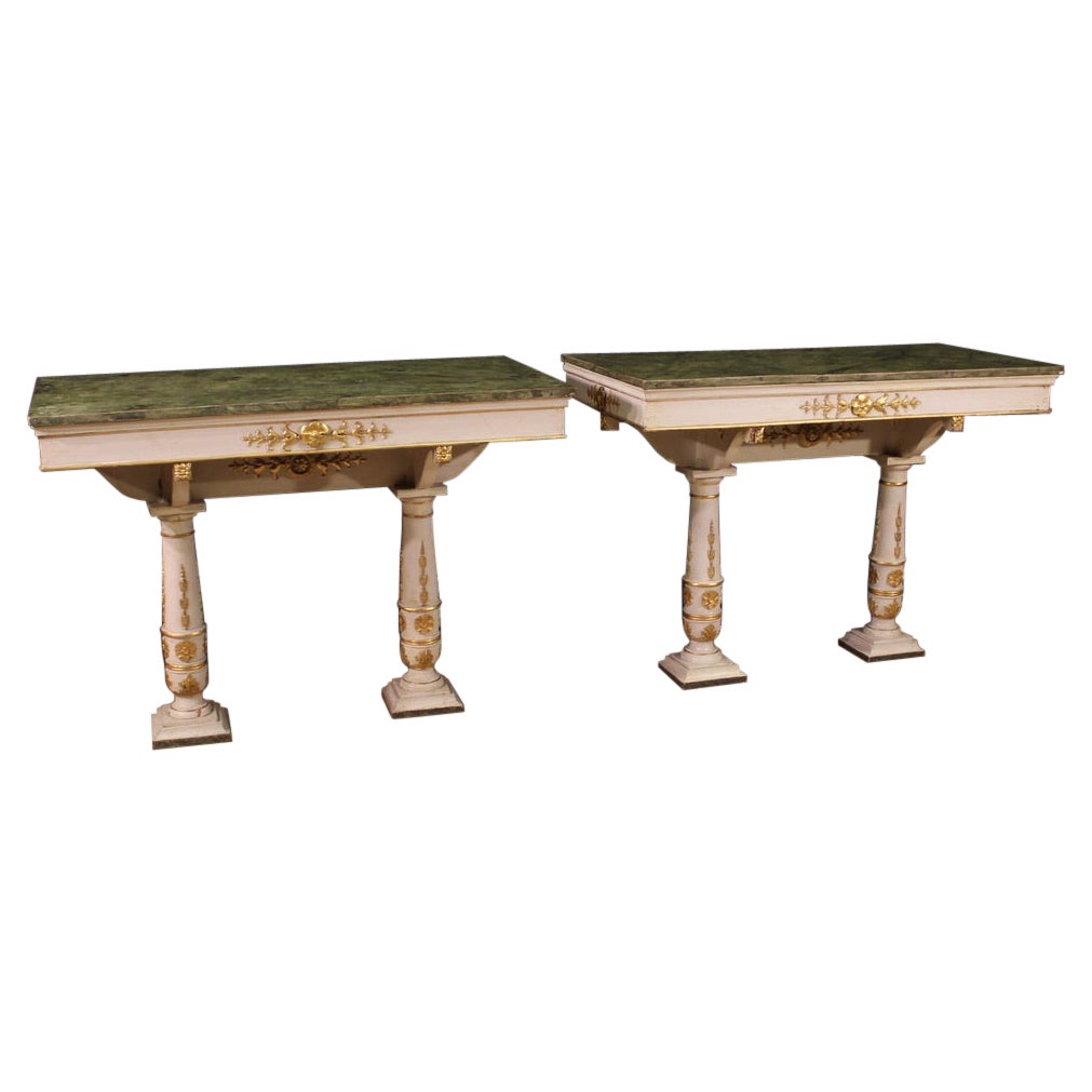 Pair of 19th Century Lacquered Wood Italian Empire Style Console Tables, 1870 For Sale