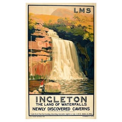 Original Retro Railway Travel Poster Ingleton Land Of Waterfalls LMS Whatley