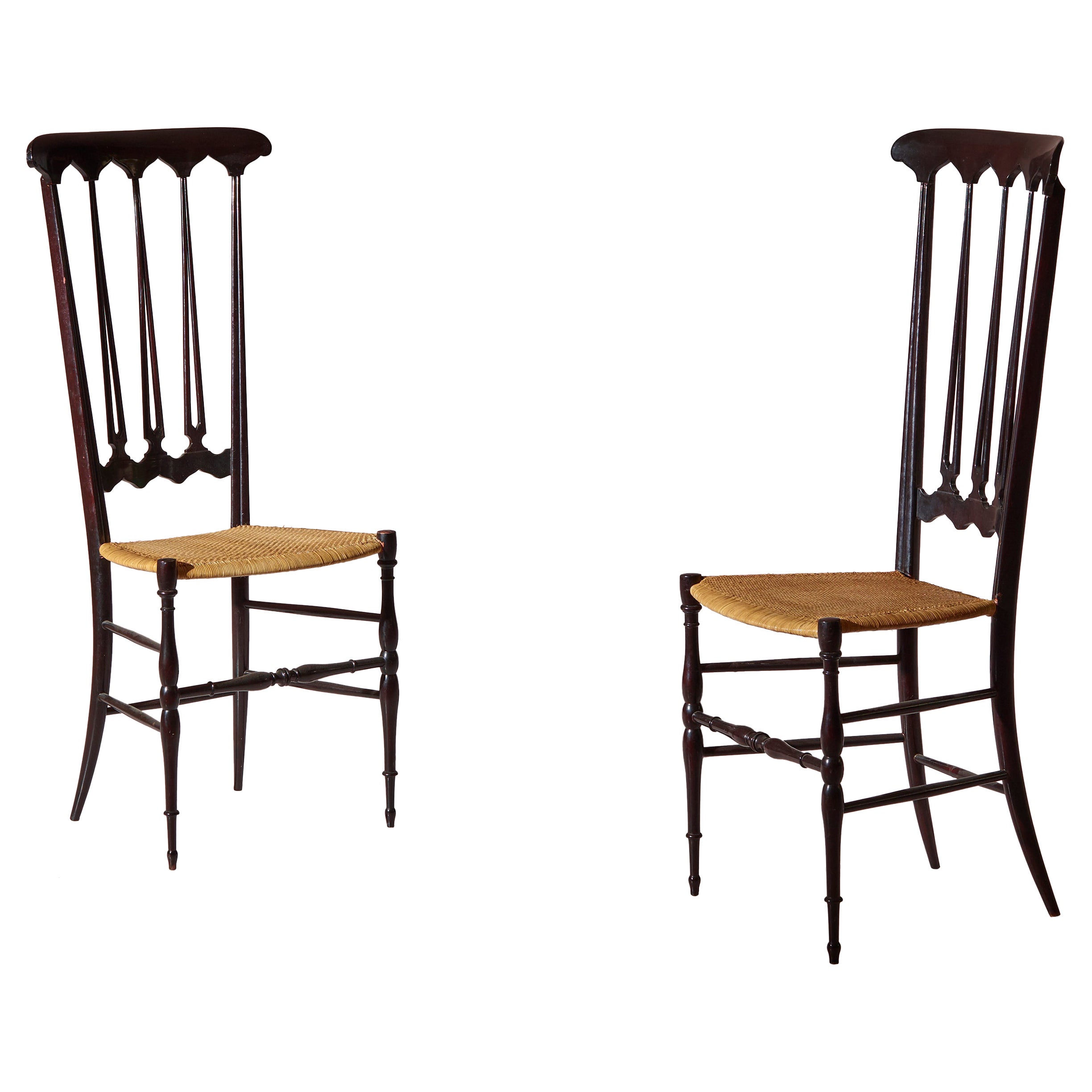 Pair of Cane and Beech ''Spade'' High Back Chairs Made in Chiavari, Italy 1960s For Sale